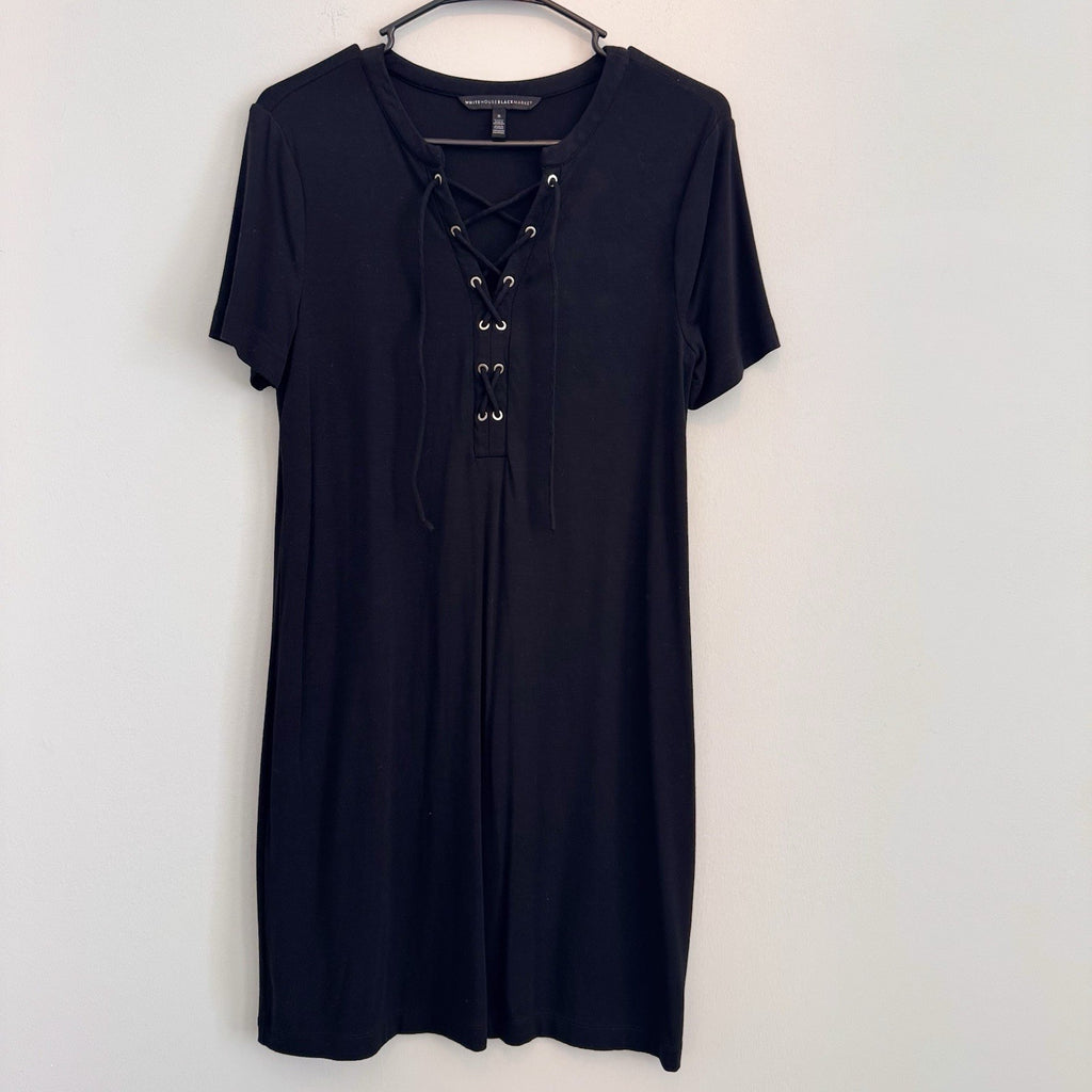 White House Black Market Black Lace Up Shift Dress Small S Matte Jersey