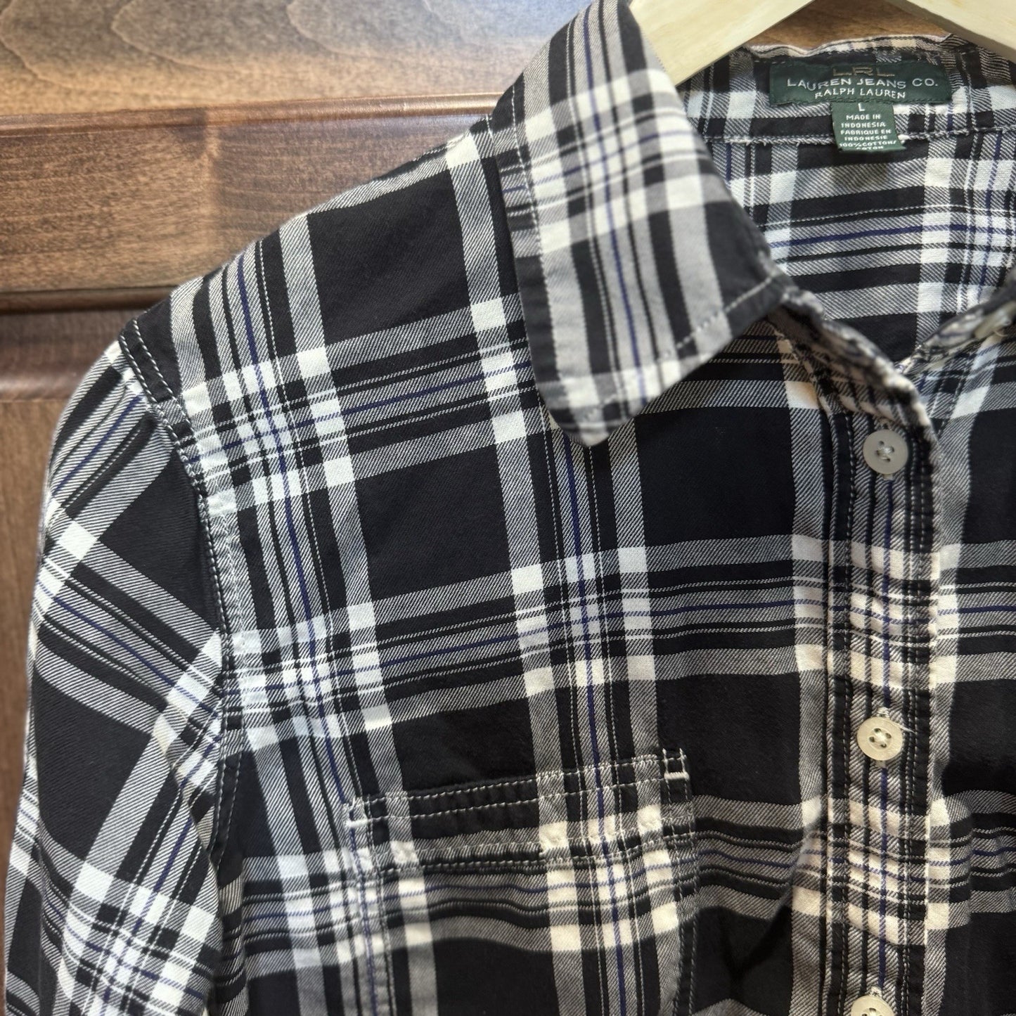 Lauren Ralph Lauren Plaid Button Down Shirt Women’s Large Black White