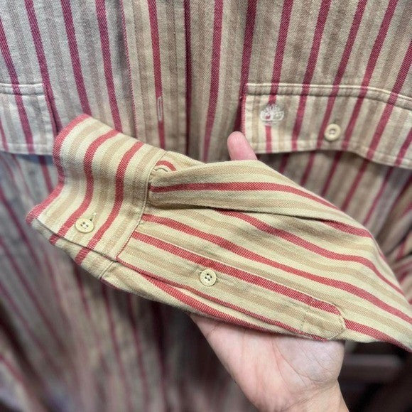 Vintage Timberland Striped Button Down Shirt XL Beige Red 100% Cotton Made in HK
