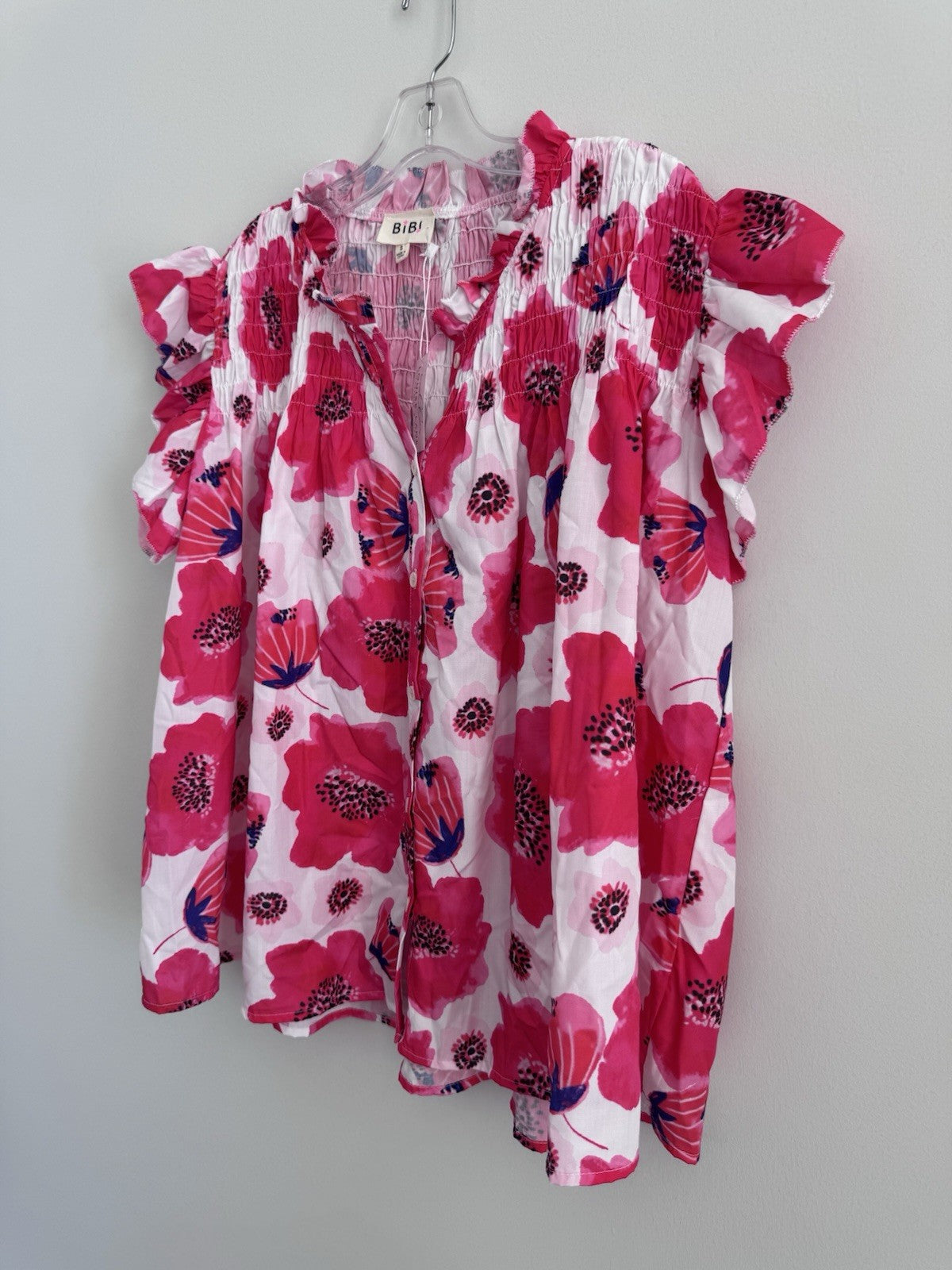 BiBi Pink Floral Blouse Small Smocked Ruffle Sleeve Button Front Top