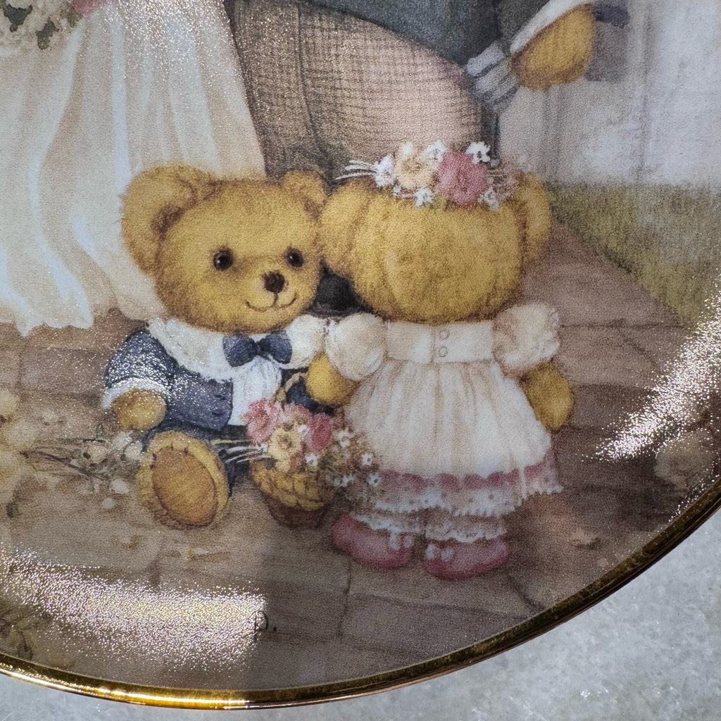 Franklin Mint Just Married Teddy Bear Wedding Collector Plate 8” Gold Trim