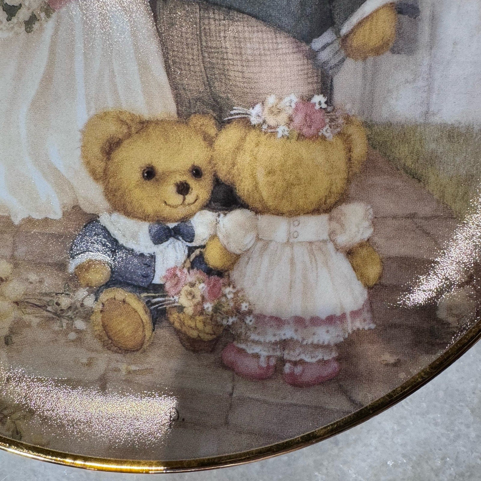 Franklin Mint Just Married Teddy Bear Wedding Collector Plate 8” Gold Trim