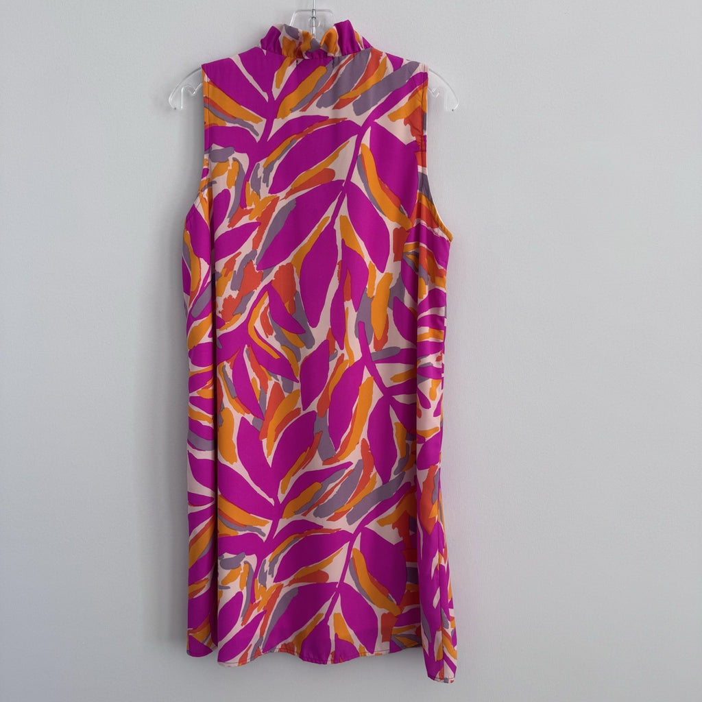 FSL Apparel Sleeveless Ruffle Dress L Pink Orange Abstract Print NWOT
