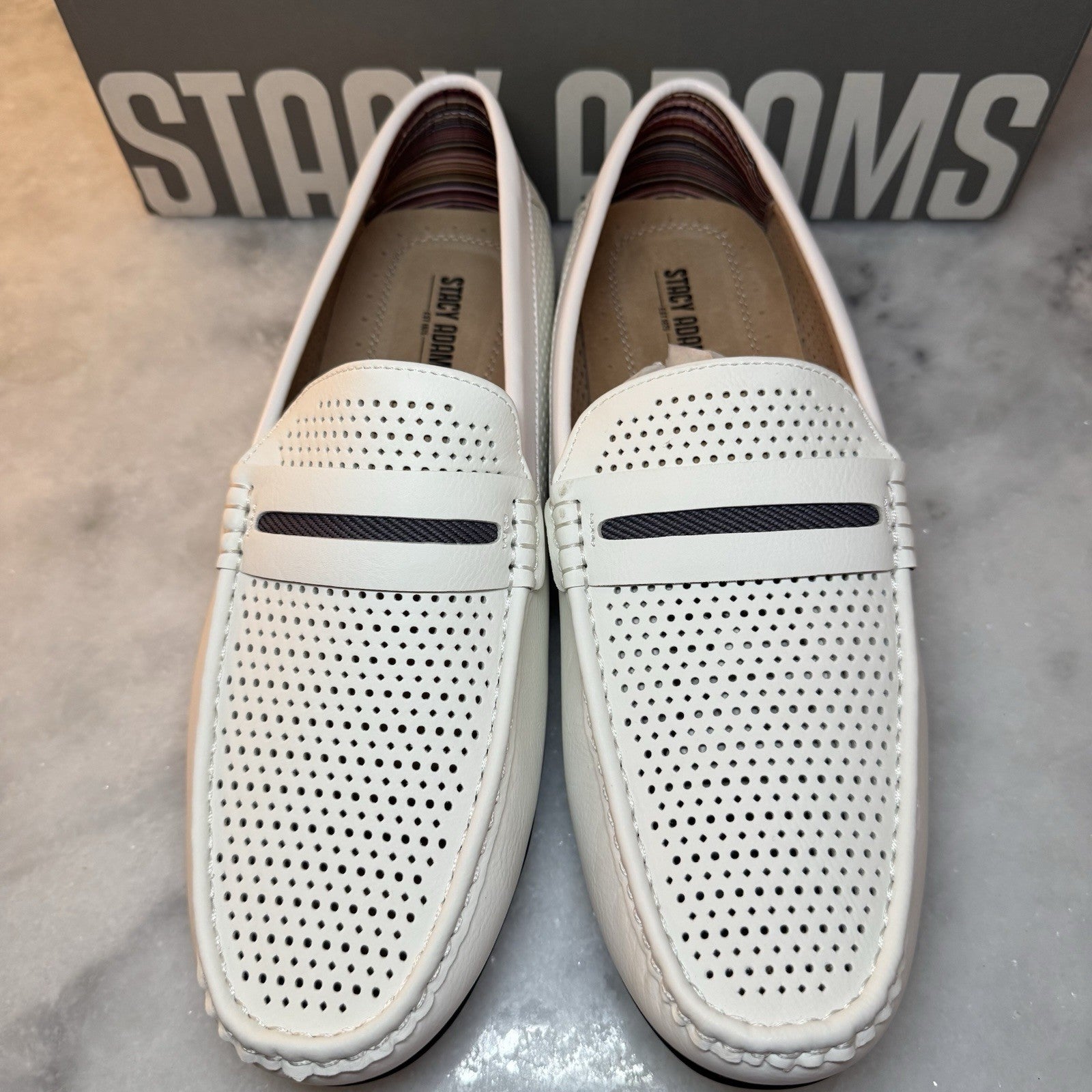 Stacy Adams Corby Loafers Men’s 11.5M White Perforated Slip On Dress Shoes NEW