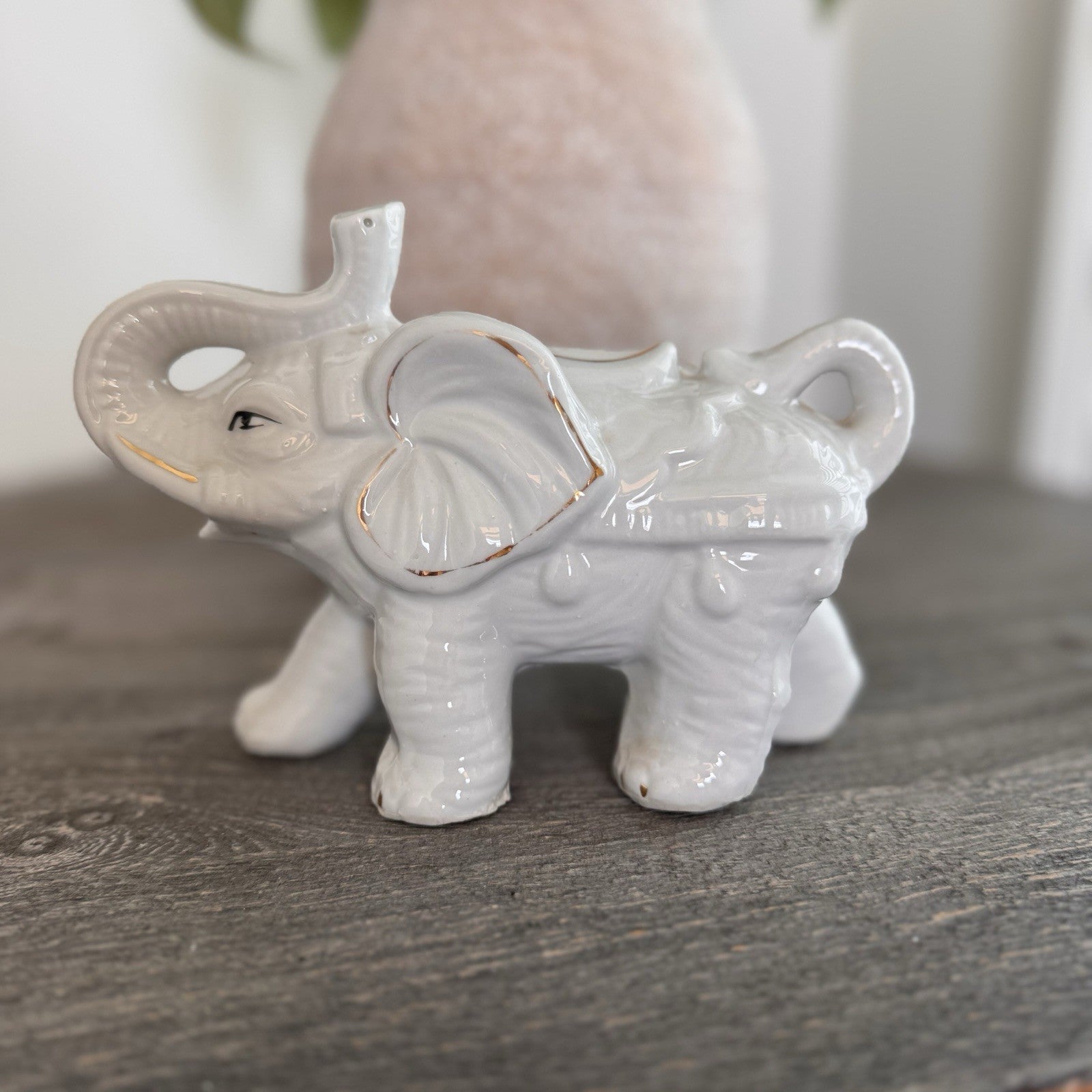 Vintage Porcelain Elephant Figurine Lot 2 White Gold Trim Trunk Up Good Luck