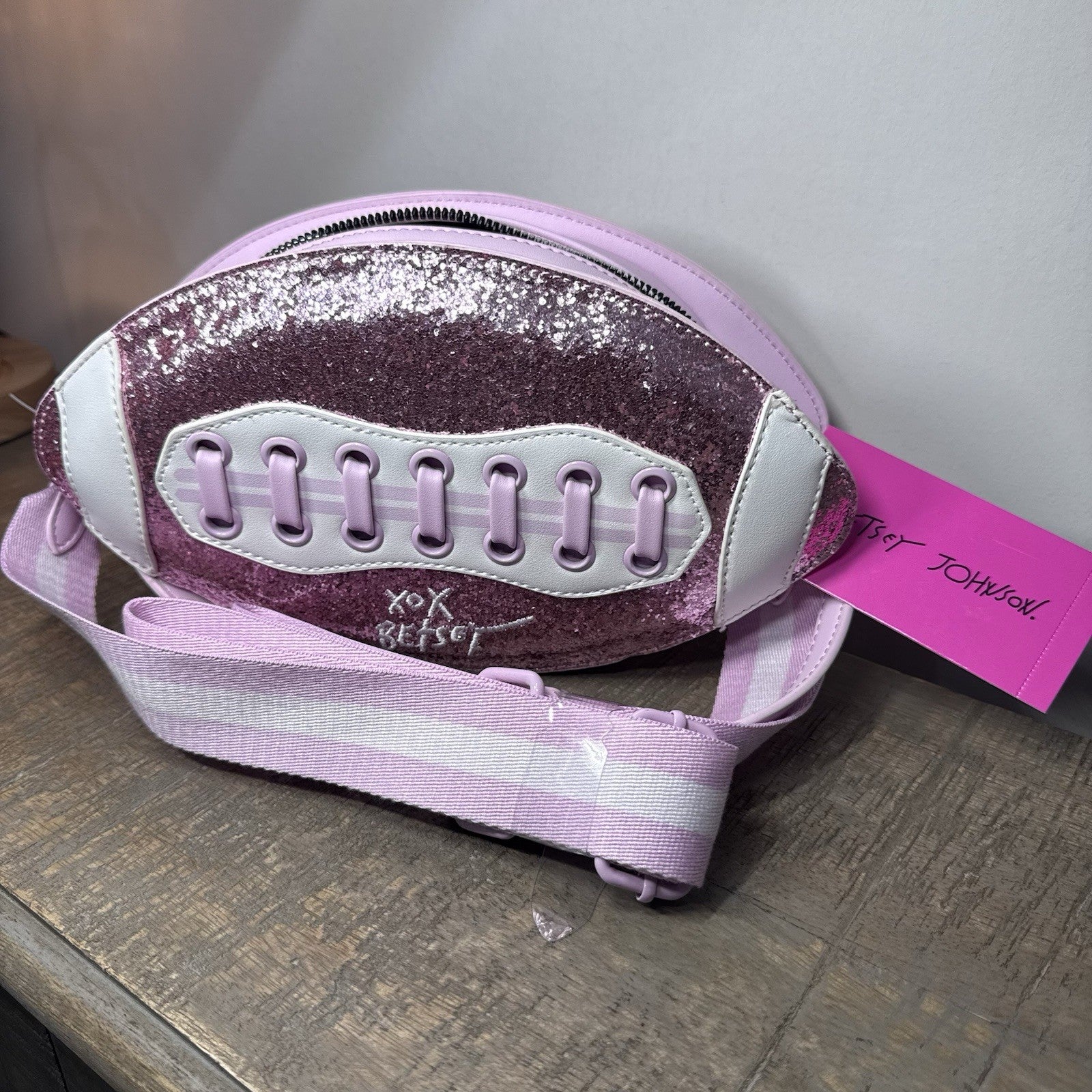 Betsey Johnson XOTEAM Pink Sequin Football Crossbody Shoulder Bag NWT Blush