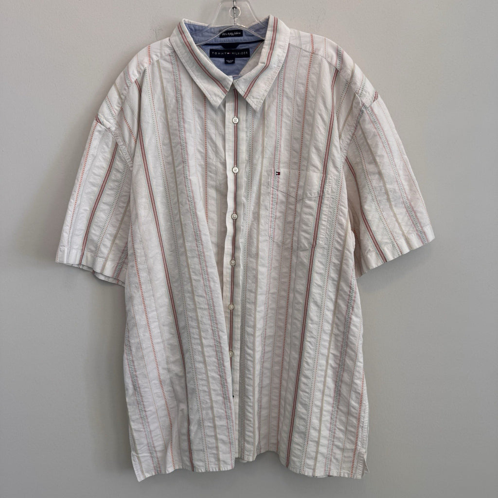 Y2K Tommy Hilfiger Men XXL Button Down Shirt Striped Short Sleeve 80s 2 Ply