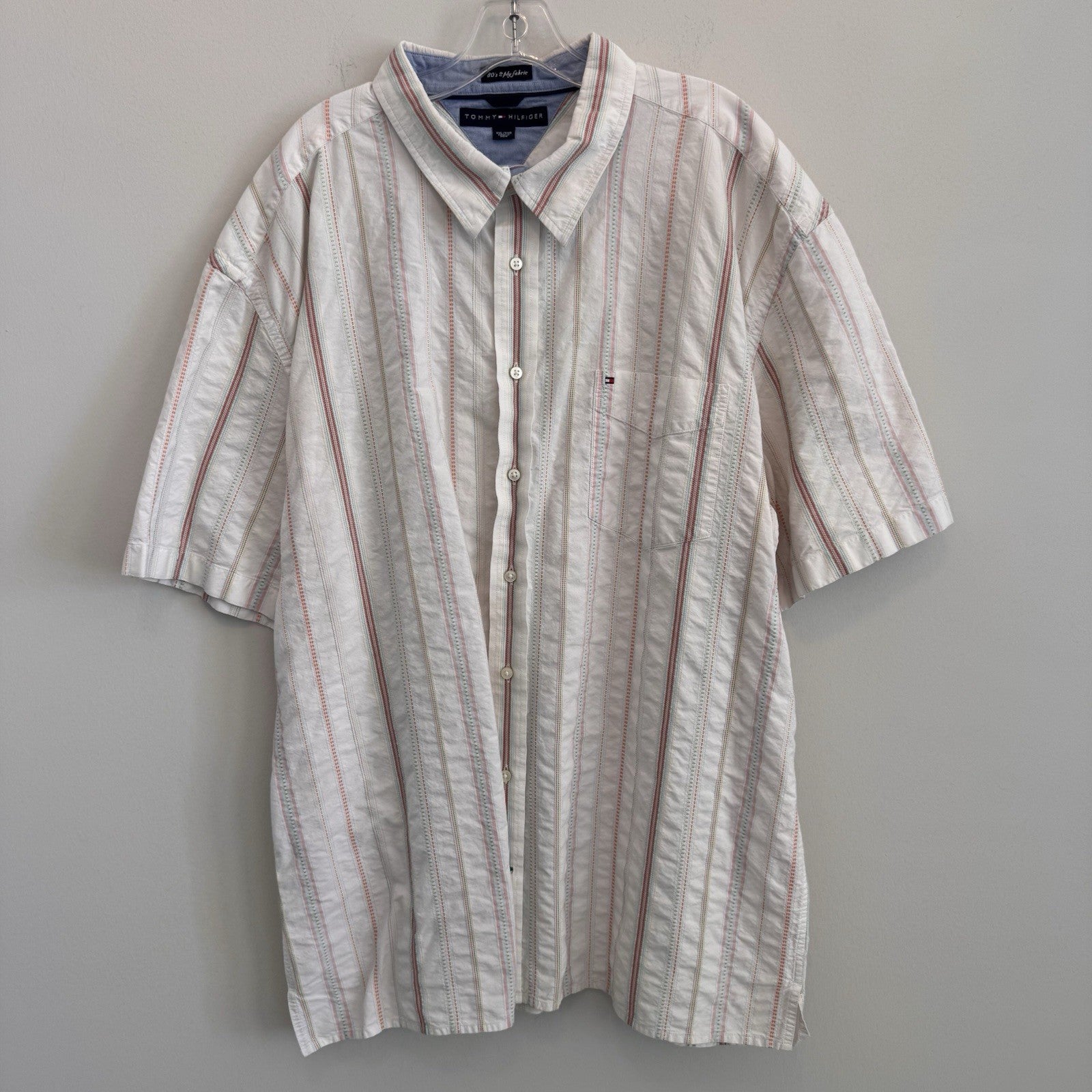 Y2K Tommy Hilfiger Men XXL Button Down Shirt Striped Short Sleeve 80s 2 Ply