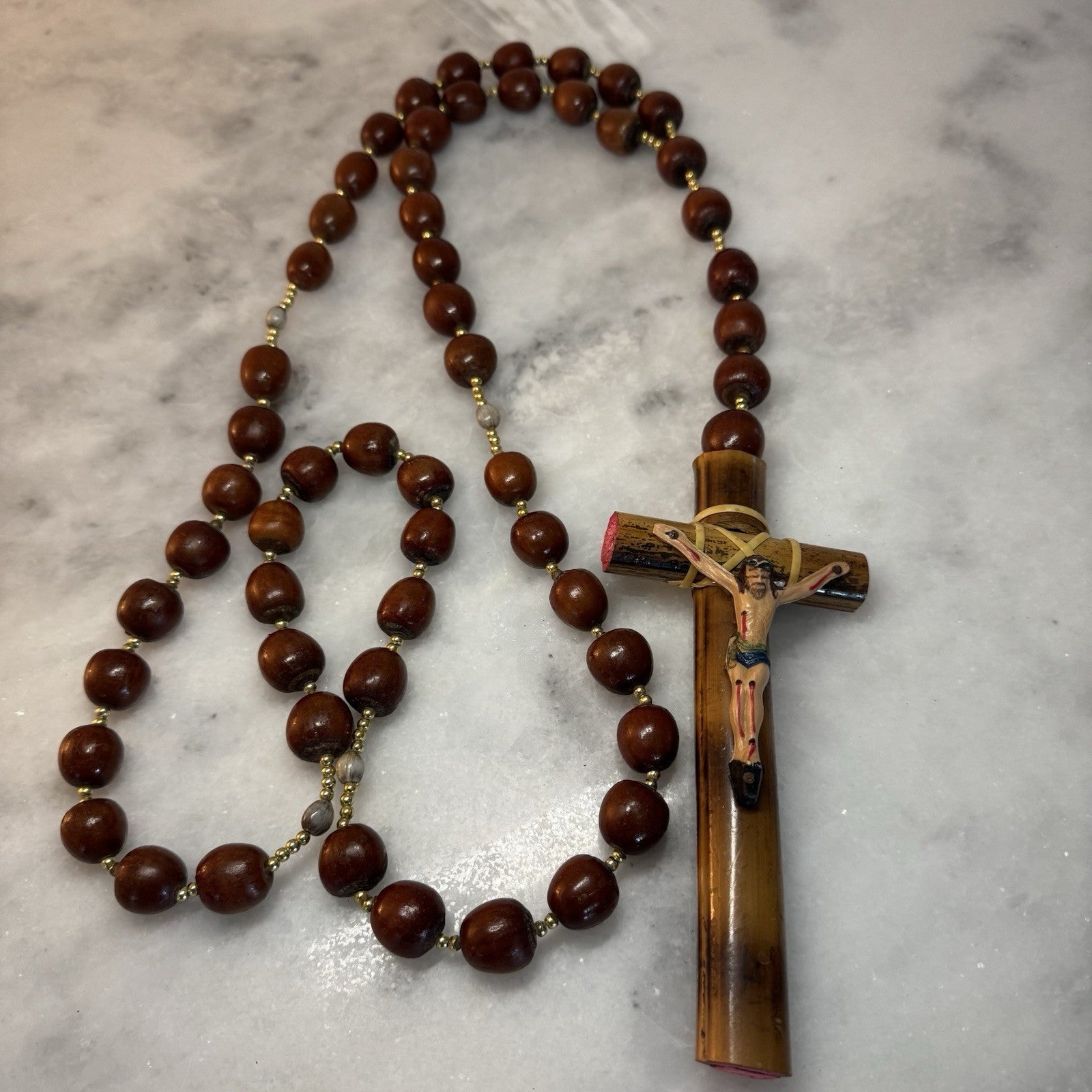 Vintage Bamboo Catholic Rosary Crucifix Cross Prayer Beads Religious Necklace