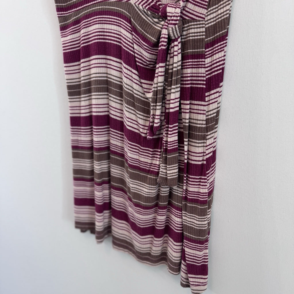 Entro Striped Tie Front Dress Women’s Large Ribbed Burgundy Boho Boutique Dress