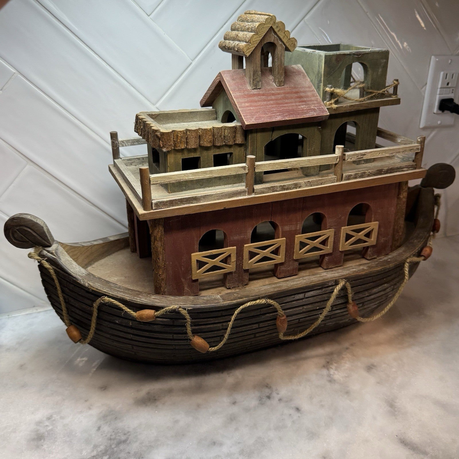 Large Wooden Noah’s Ark Boat Decor Rustic Nautical Farmhouse Shelf Display