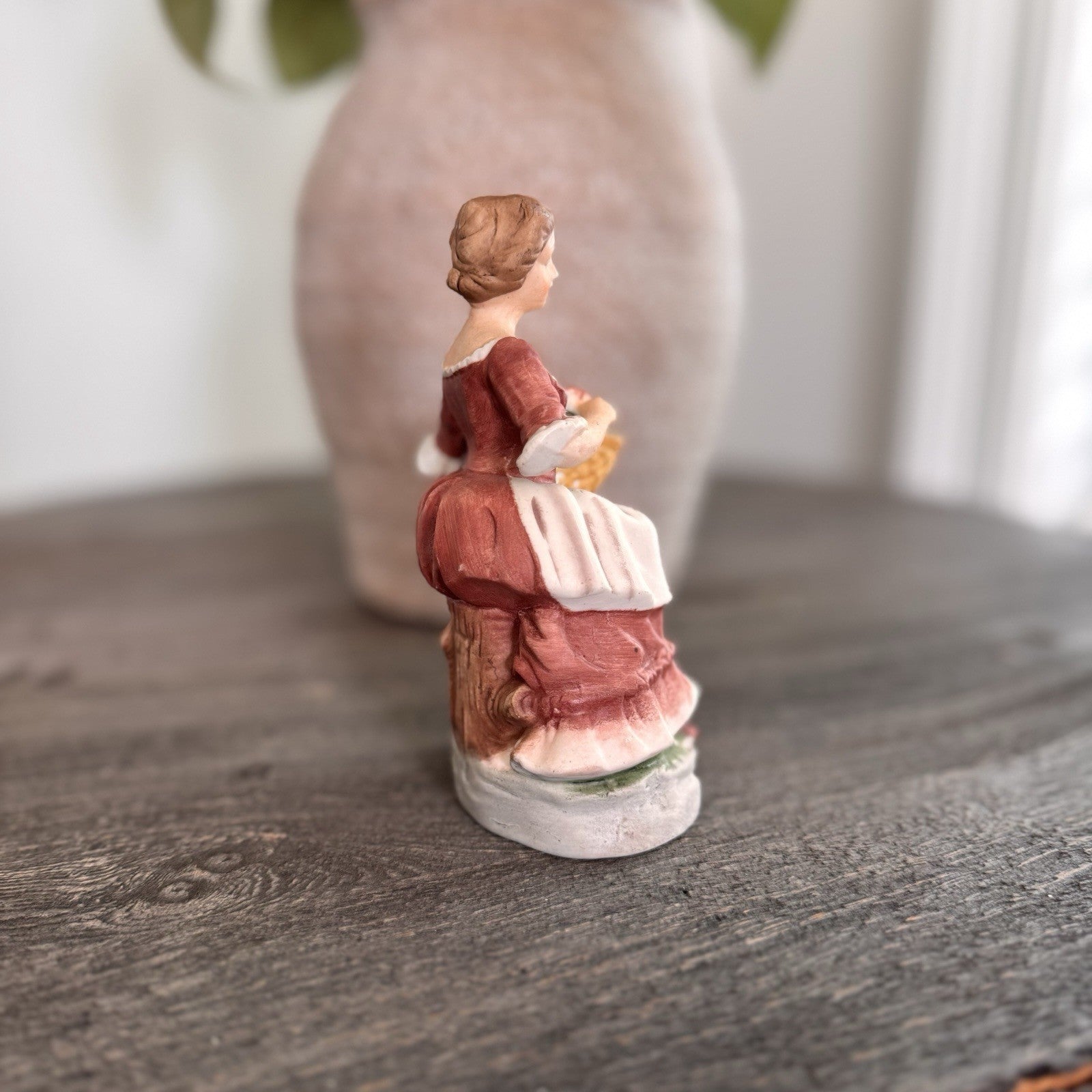 Vintage Porcelain Colonial Lady Figurine Korea Flower Basket Bisque Finish 5"