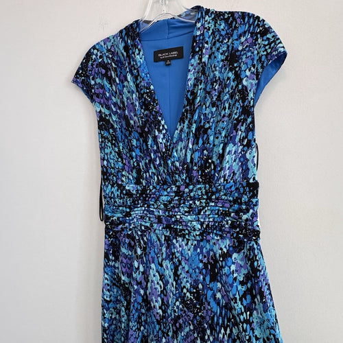 BLACK LABEL by EVAN PICONE Womens Sheath Dress Blue Abstract Ruched Waist Sz 10