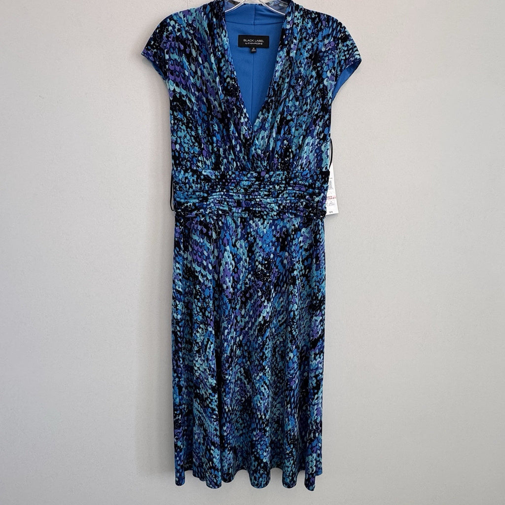 BLACK LABEL by EVAN PICONE Womens Sheath Dress Blue Abstract Ruched Waist Sz 10