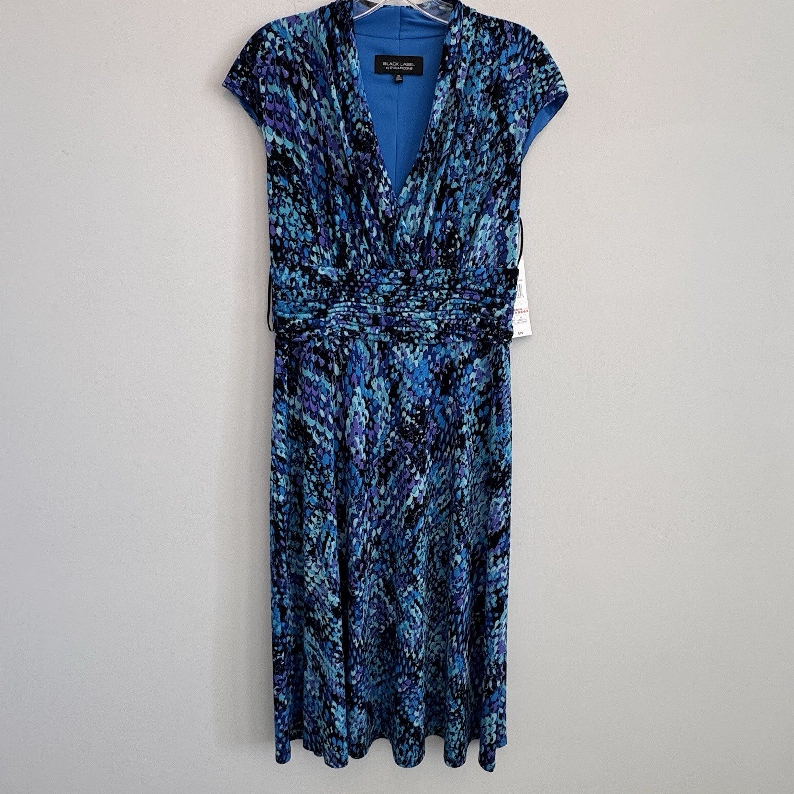BLACK LABEL by EVAN PICONE Womens Sheath Dress Blue Abstract Ruched Waist Sz 10
