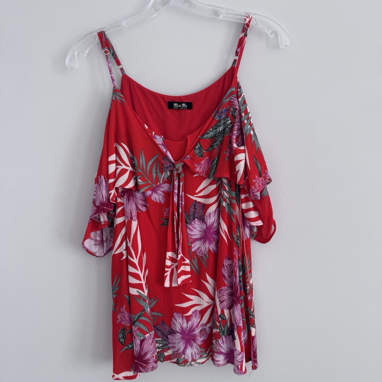 Miss Me Red Tropical Floral Cold Shoulder Dress Sz M Ruffle Sleeve