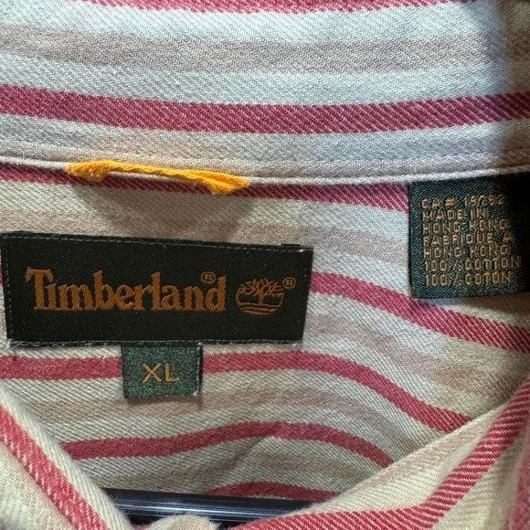 Vintage Timberland Striped Button Down Shirt XL Beige Red 100% Cotton Made in HK
