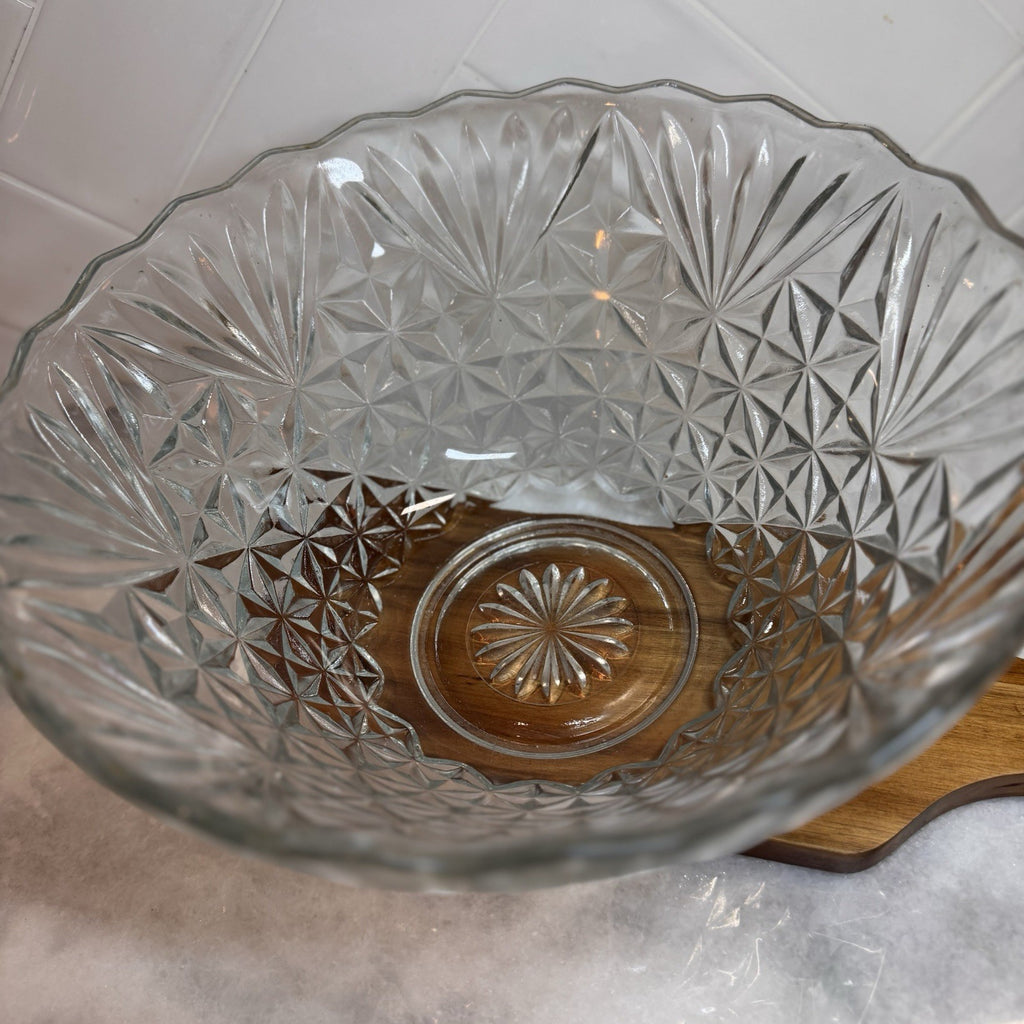 Vintage Cut Glass Bowl Starburst Pattern Clear Serving Dish Anchor Hocking