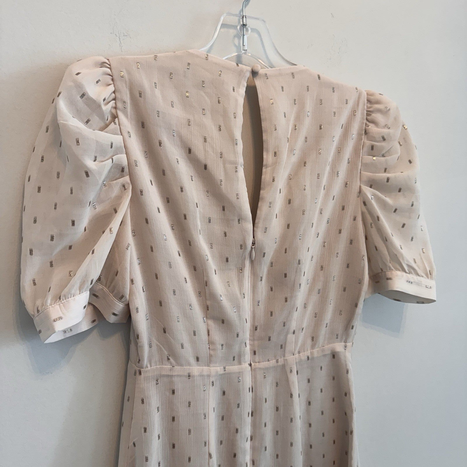 EXPRESS Womens XS, Pink Dress, Metallic Dot Puff Sleeve Fit & Flare, Pre-owned