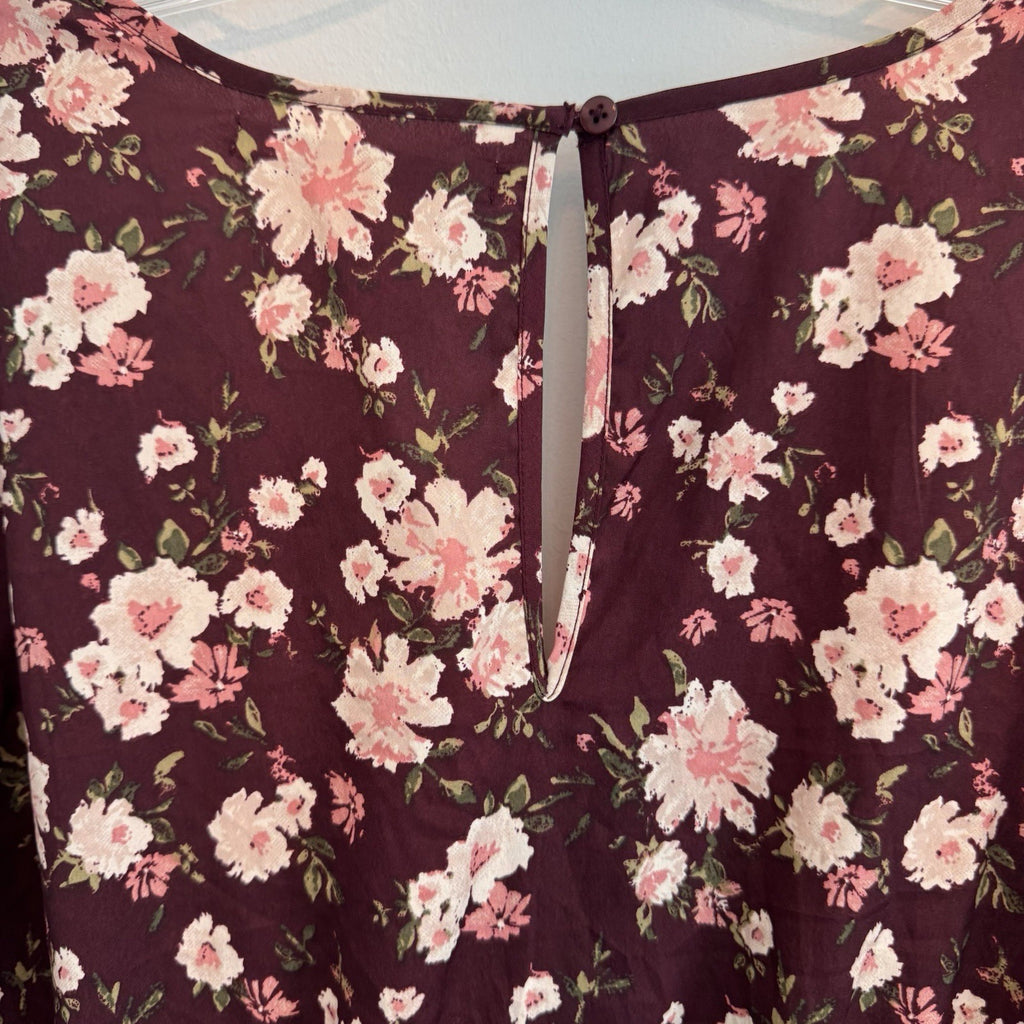 American Rag Cie Romper XL Burgundy Rose Floral Ruffle Hem Tie Front Pockets