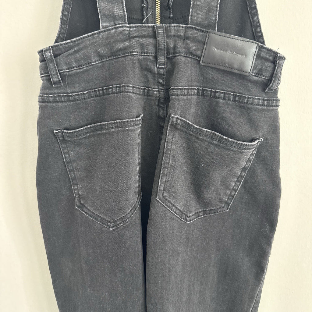 ZARA Trafaluc Black Denim Overalls XS Zip Front Raw Hem Cropped
