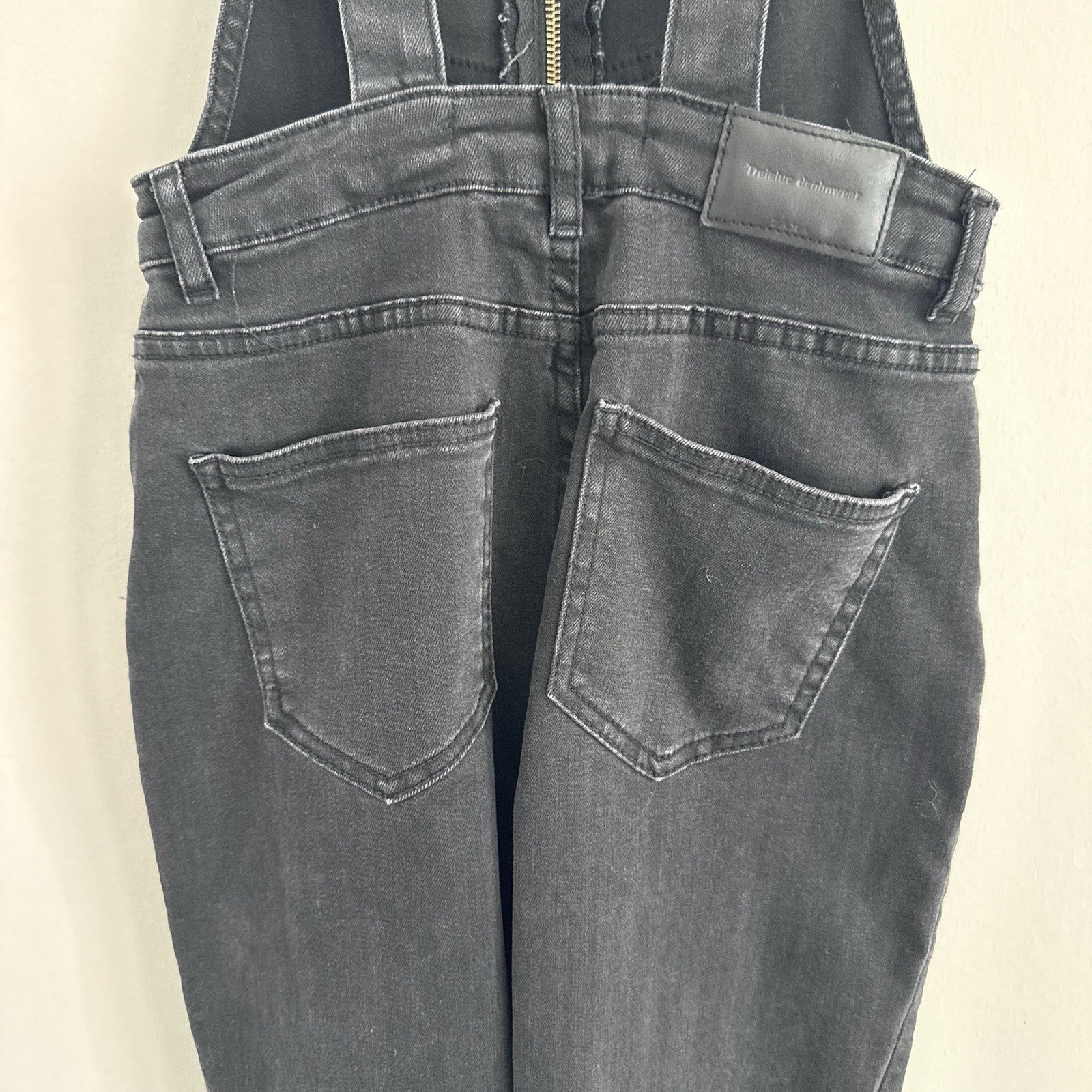 ZARA Trafaluc Black Denim Overalls XS Zip Front Raw Hem Cropped