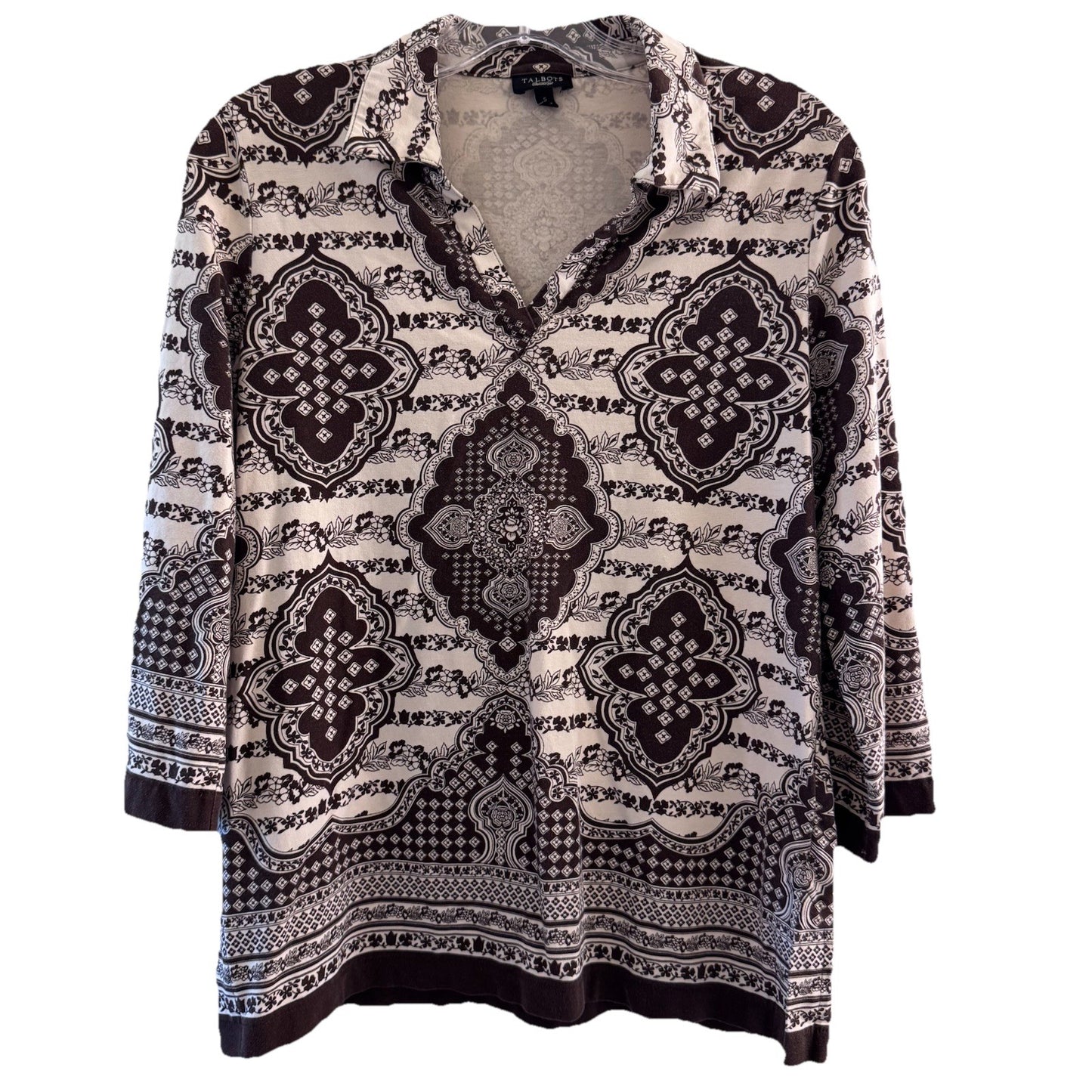 Talbots Womens Small Brown Paisley Print Tunic Top 3/4 Sleeve Cotton Stretch