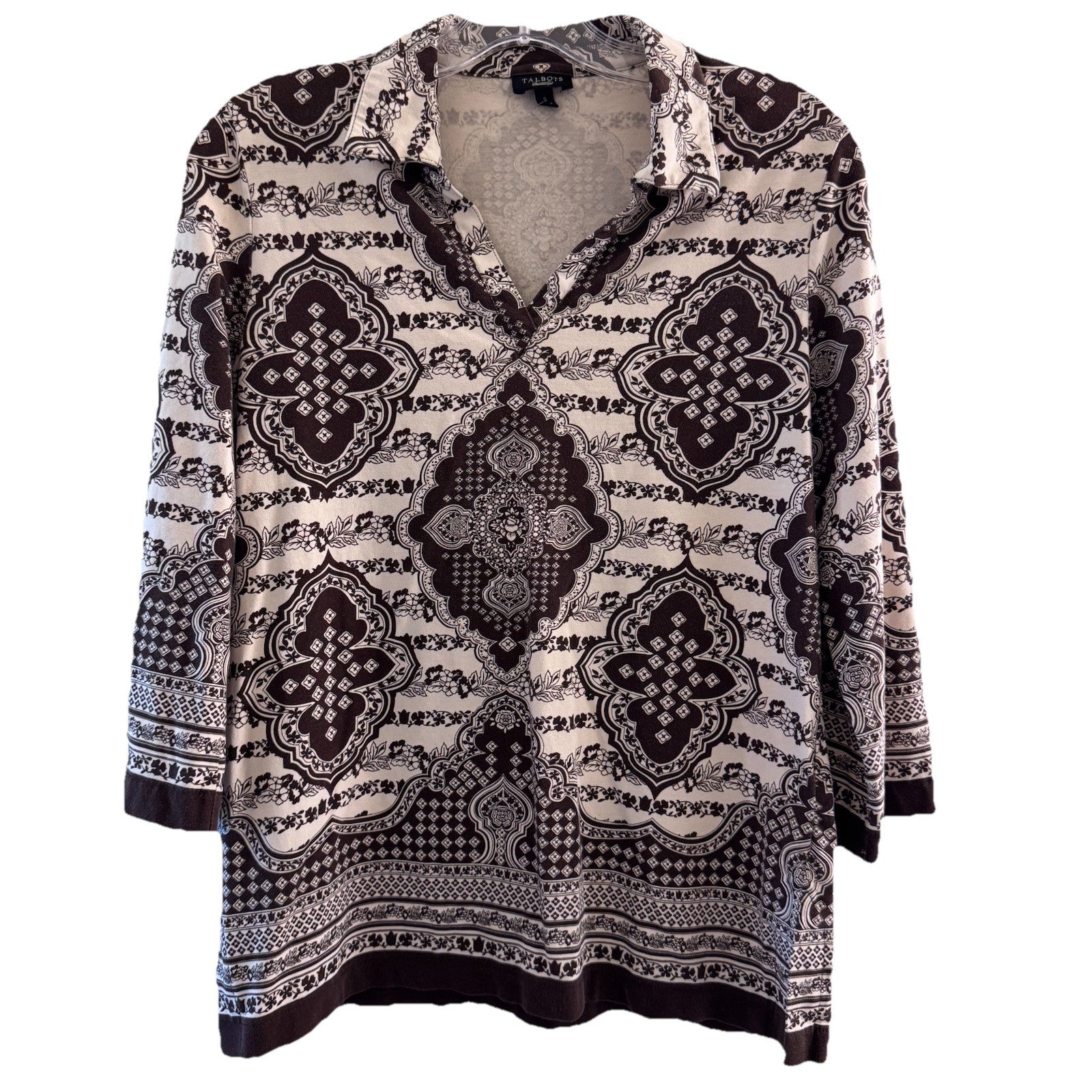 Talbots Womens Small Brown Paisley Print Tunic Top 3/4 Sleeve Cotton Stretch