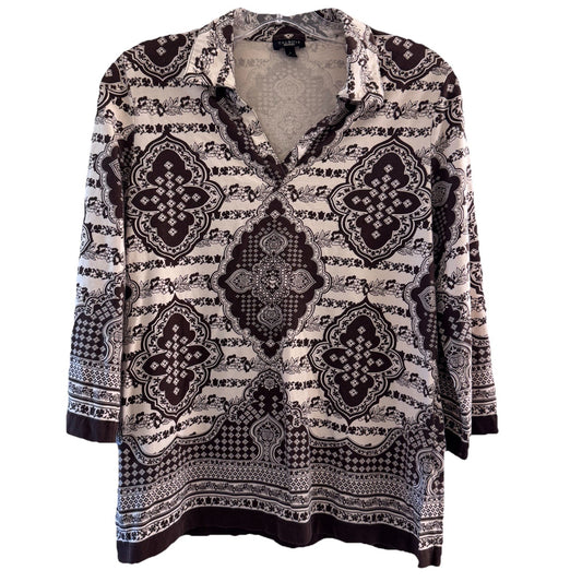 Talbots Womens Small Brown Paisley Print Tunic Top 3/4 Sleeve Cotton Stretch