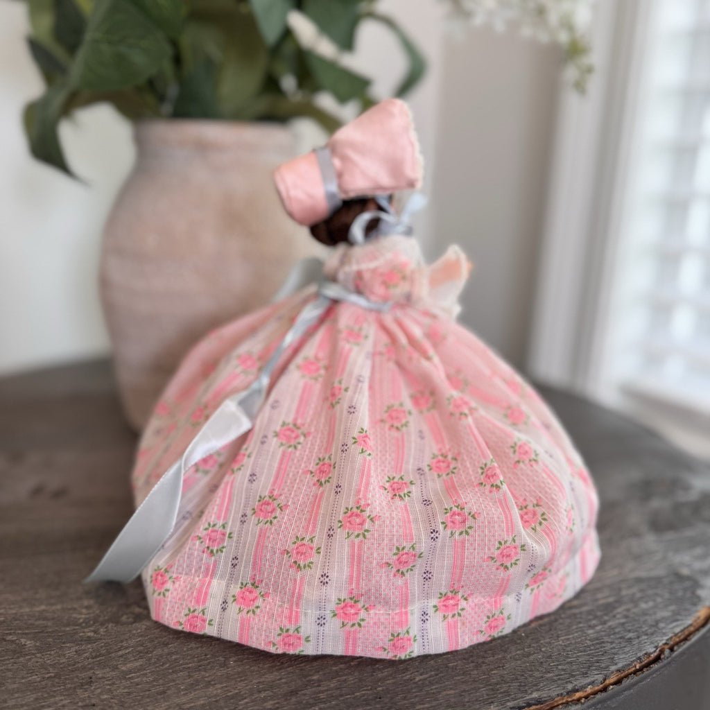 Vintage Southern Belle Souvenir Doll 8.5" Pink Rose Floral Gown Lace Bonnet 1950