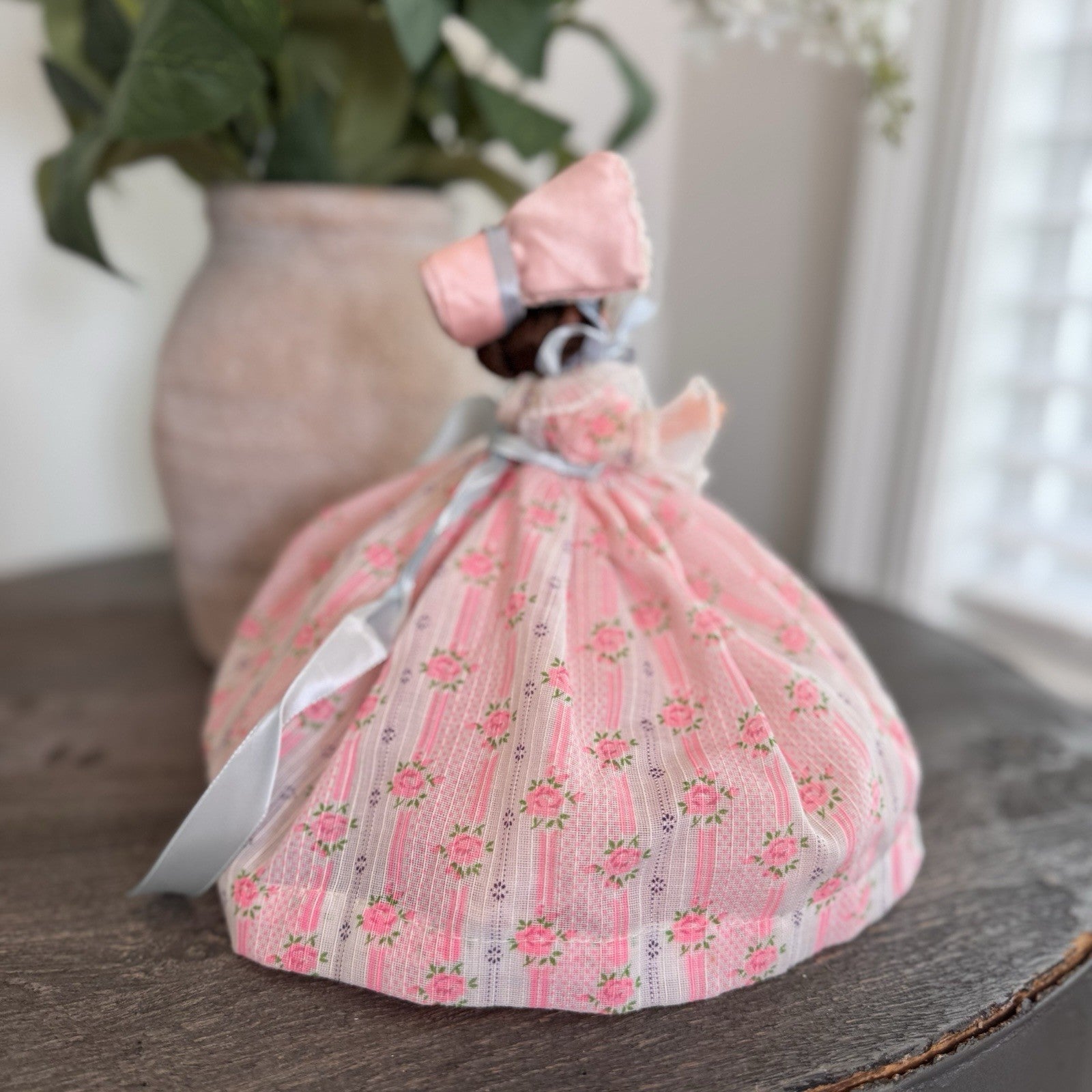 Vintage Southern Belle Souvenir Doll 8.5" Pink Rose Floral Gown Lace Bonnet 1950