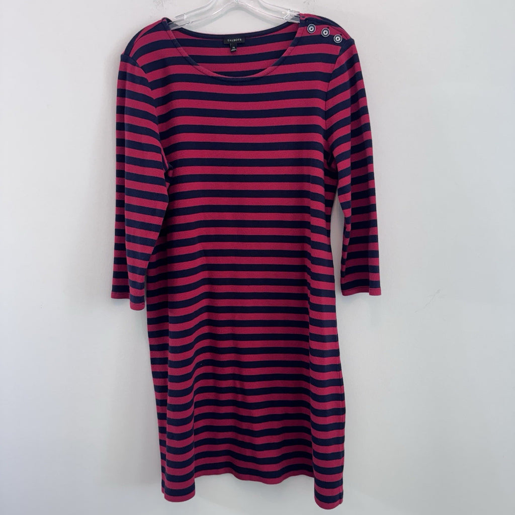 Talbots XL Red Navy Stripe Dress 3/4 Sleeve Nautical Button Shoulder