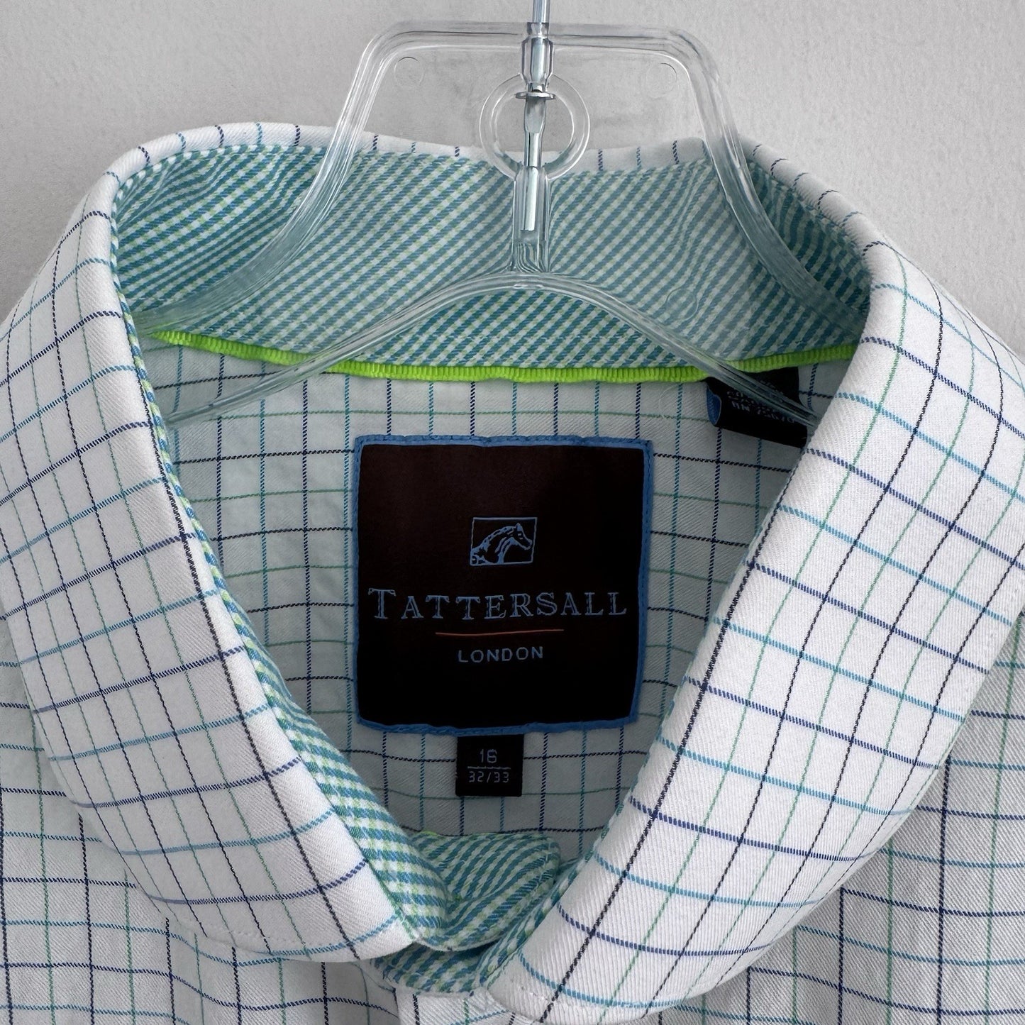 Tattersall London 16 32/33 Check Dress Shirt Blue Green Cotton