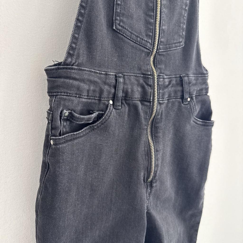 ZARA Trafaluc Black Denim Overalls XS Zip Front Raw Hem Cropped