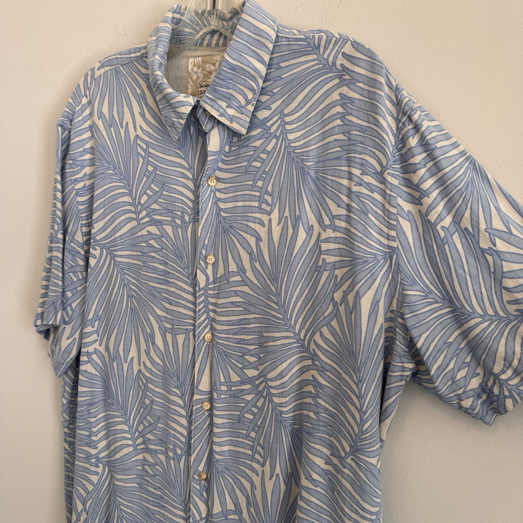 Tasso Elba Island Men's XL Shirt Blue White Silk Linen Palm Leaf Tropical Floral