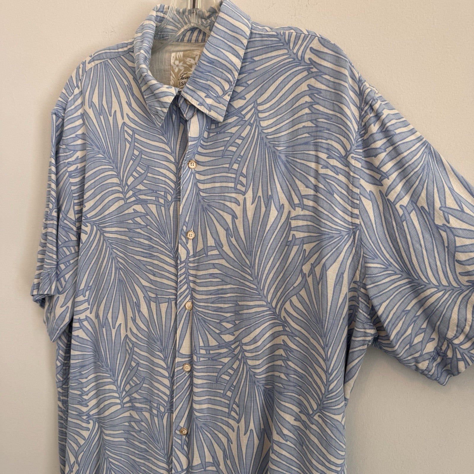 Tasso Elba Island Men's XL Shirt Blue White Silk Linen Palm Leaf Tropical Floral