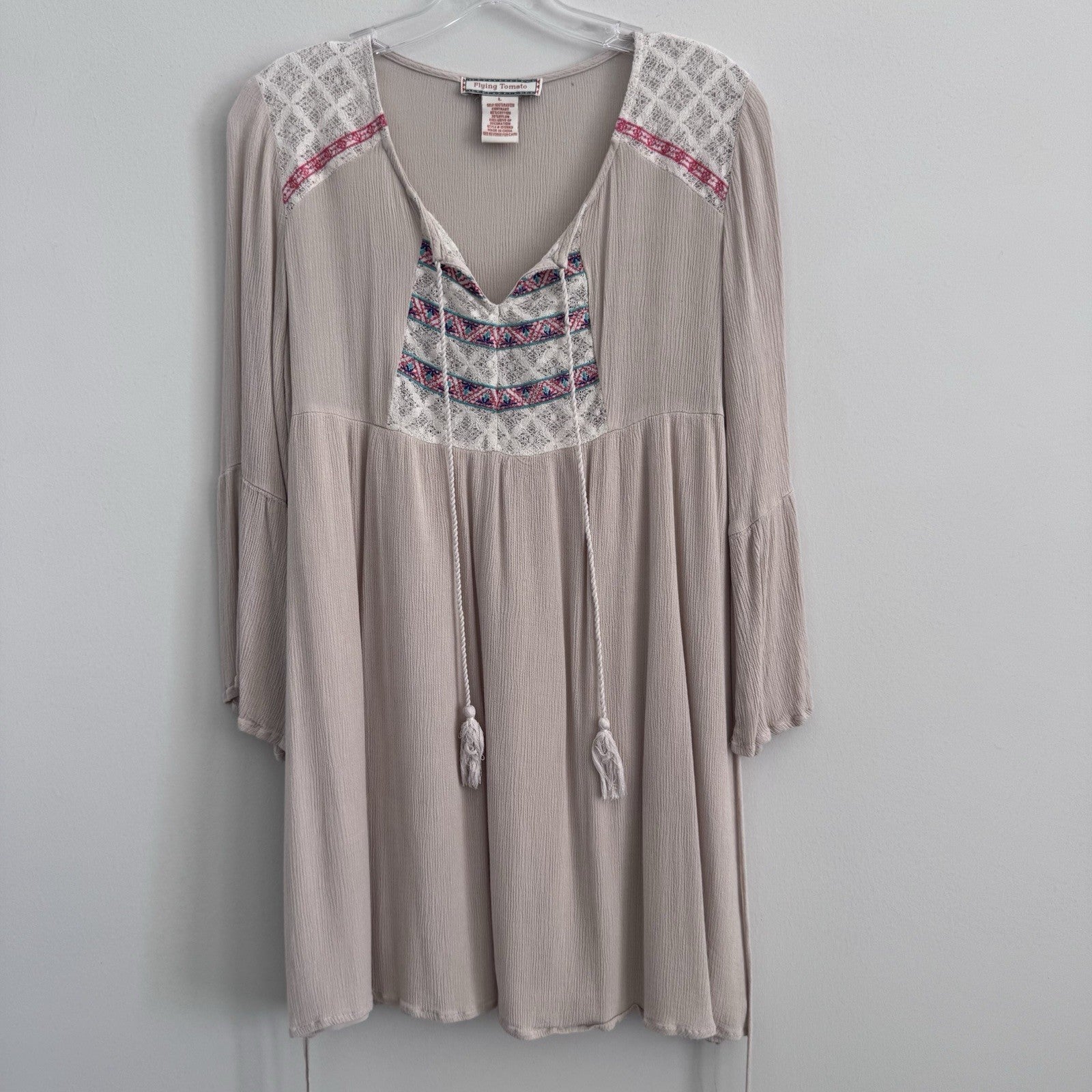 Women’s Flying Tomato Boho Peasant Dress Size L Taupe Lace