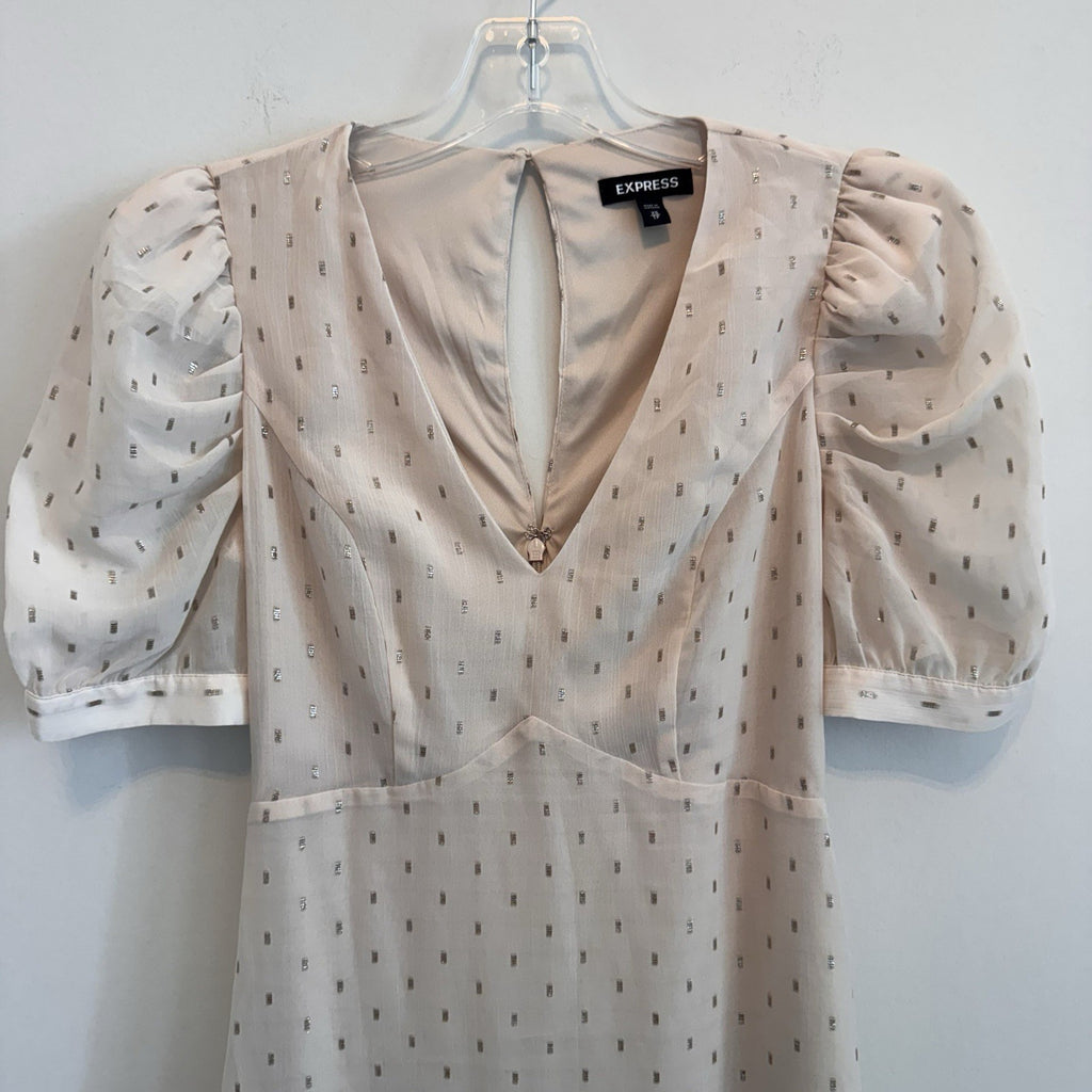 EXPRESS Womens XS, Pink Dress, Metallic Dot Puff Sleeve Fit & Flare, Pre-owned