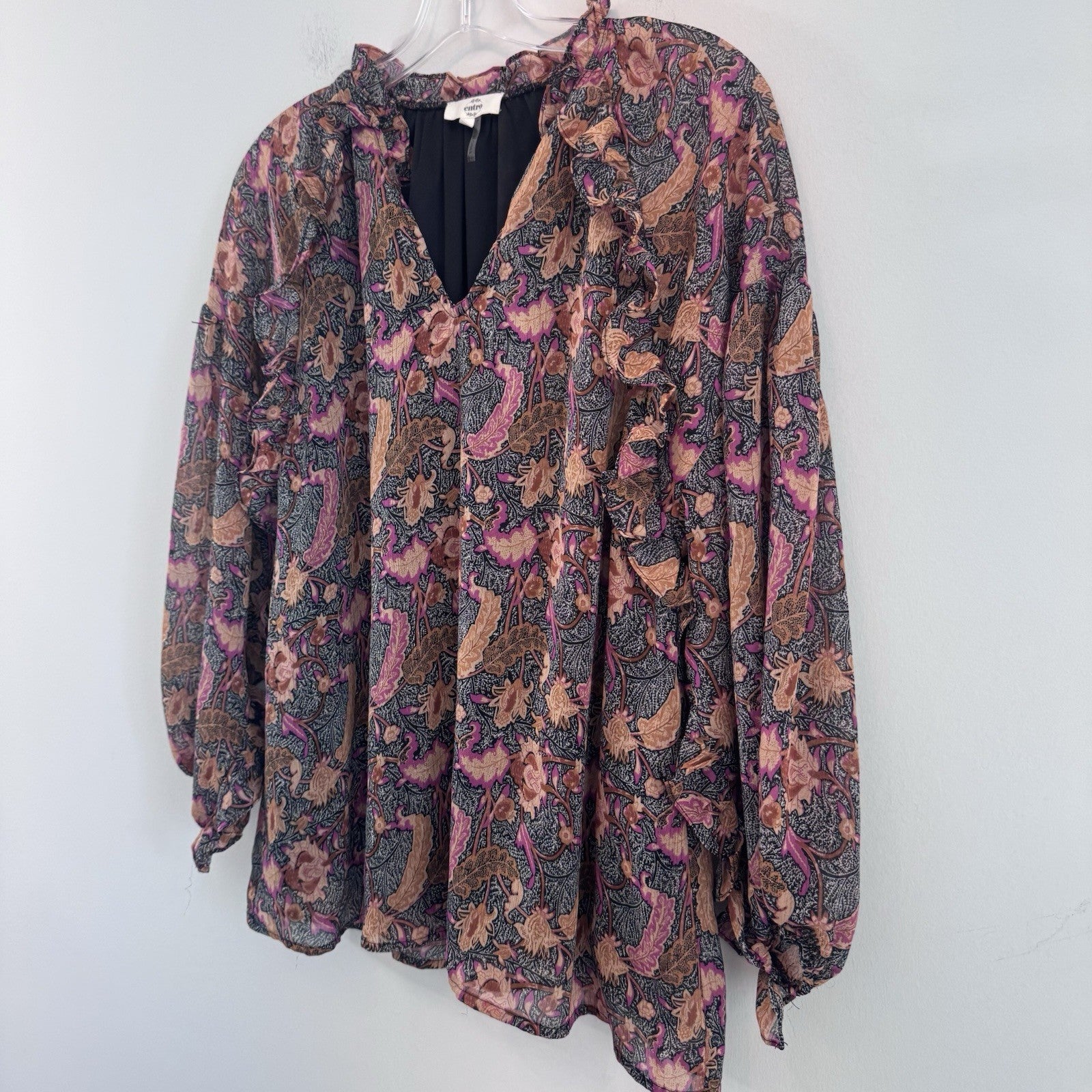 Entro Floral Boho Blouse Women’s Large Lined Peasant Top Pink Black