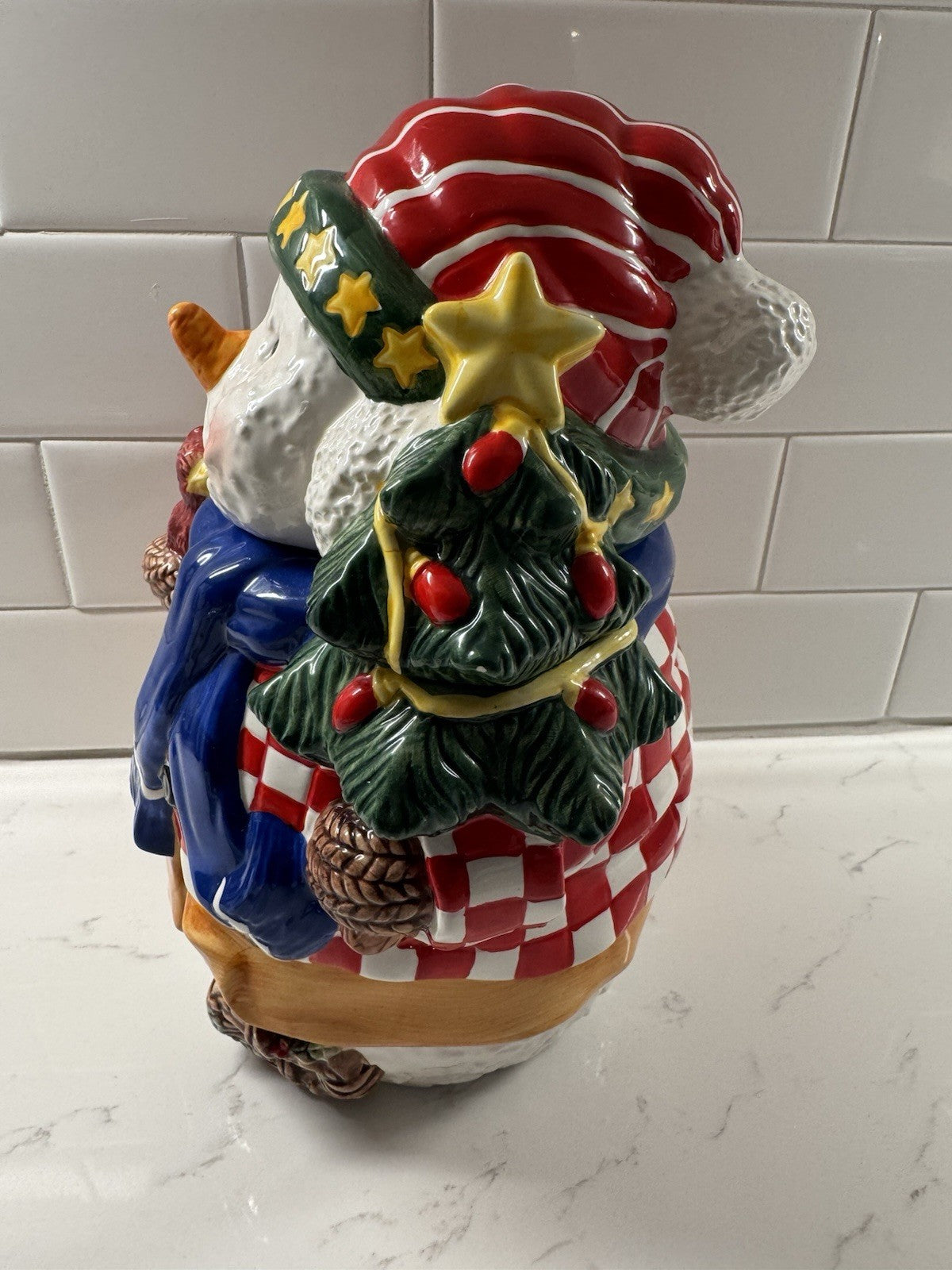 Vintage Young's Heartfelt Kitchen Creations Cookie Jar Snowman Cardinal & Tree