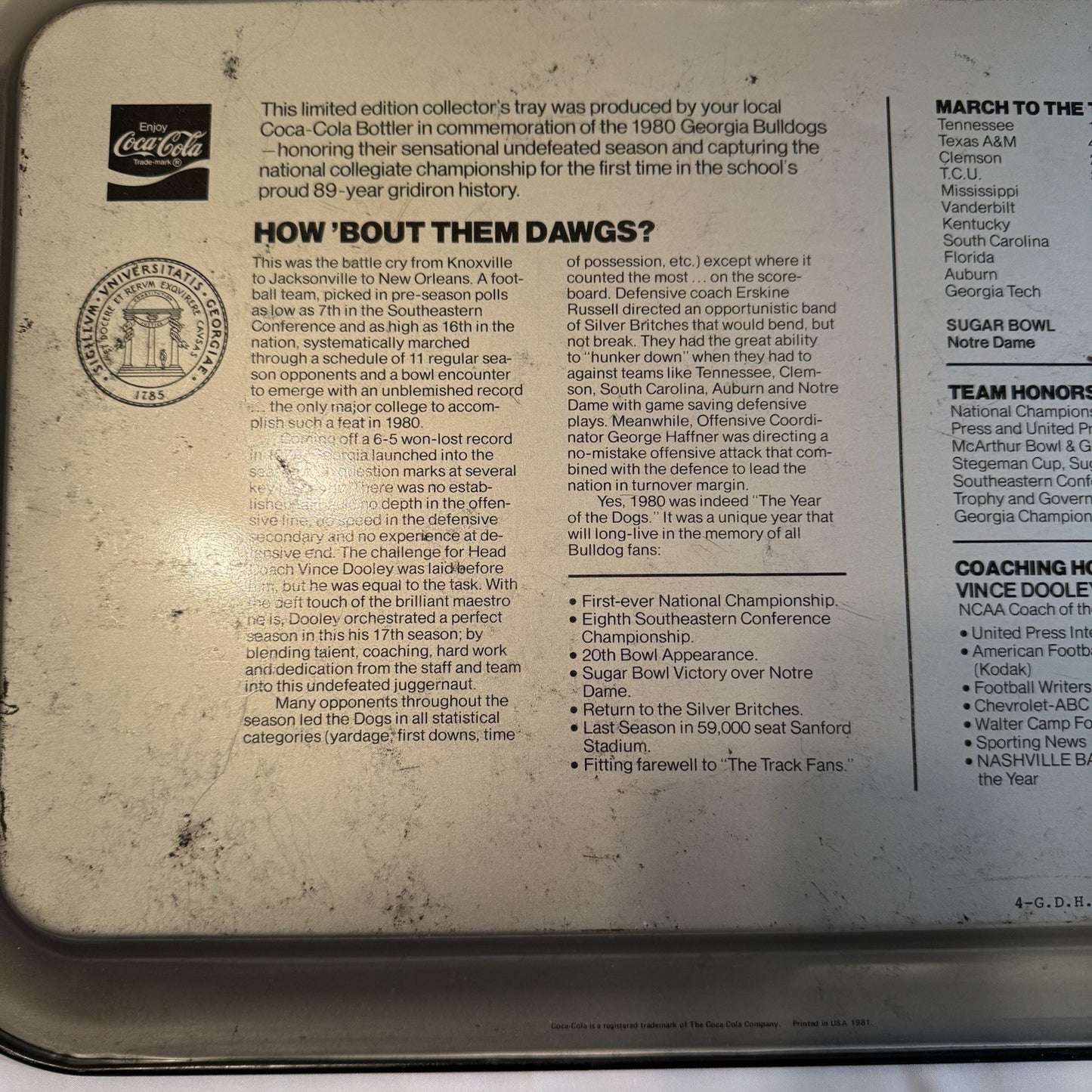 Rare Vintage 1980 Coca-Cola GEORGIA National Champs Serving Tray Pre Owned