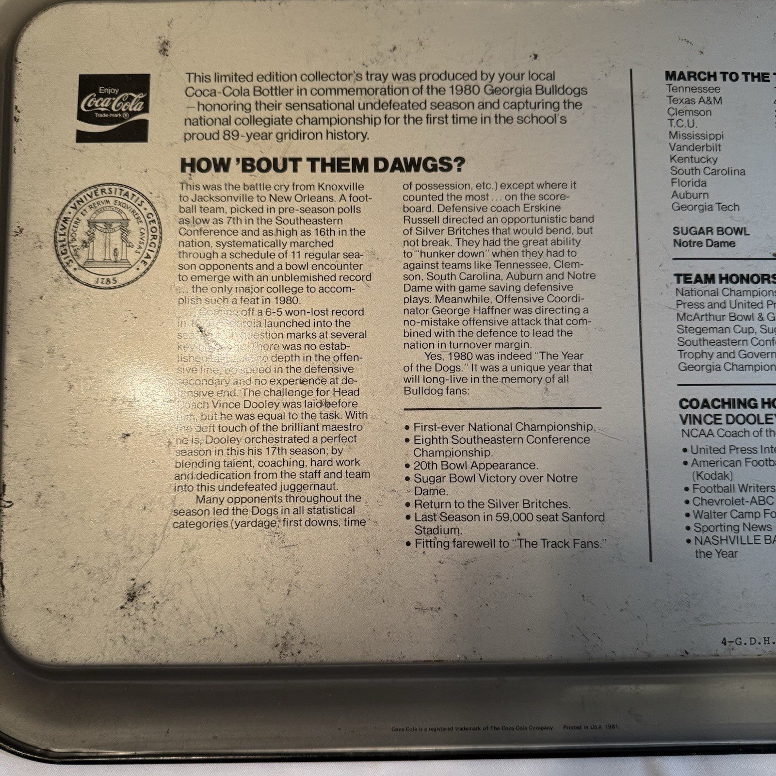 Rare Vintage 1980 Coca-Cola GEORGIA National Champs Serving Tray Pre Owned