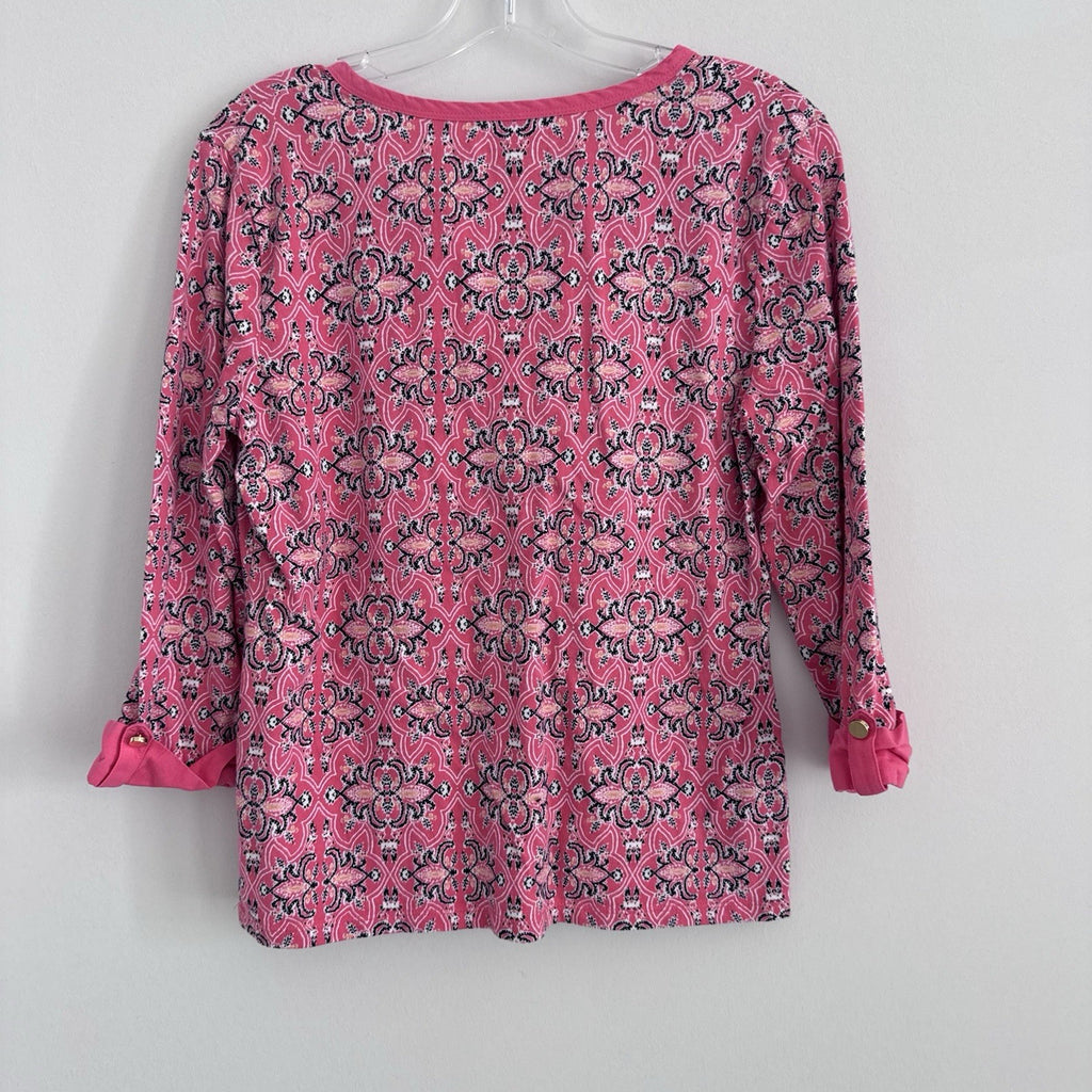 Charter Club Pima Cotton Pink Paisley Blouse M Roll Tab Sleeve