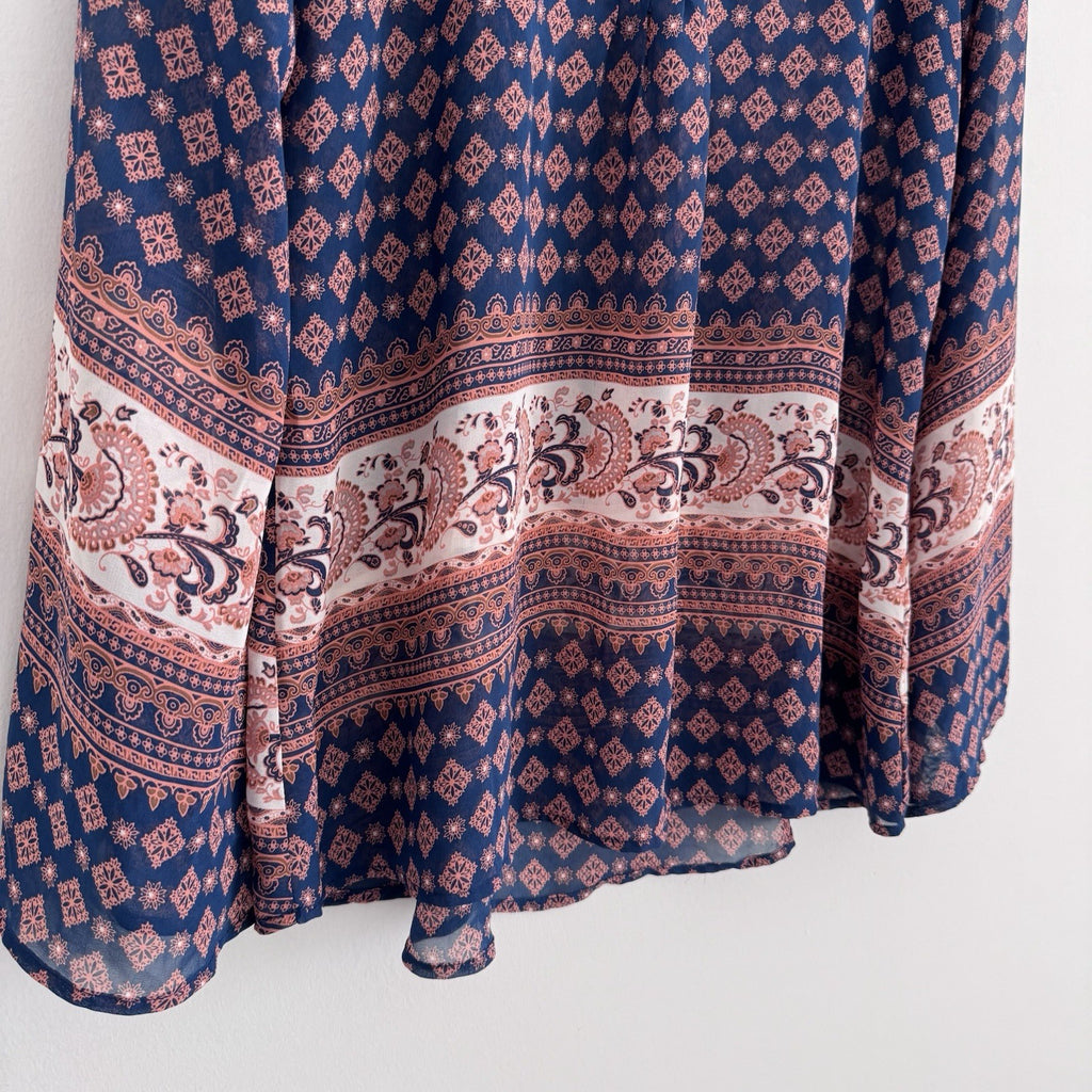 Blu Pepper Boho Blouse S Navy Coral Paisley Sheer Sleeve Top Anthropology