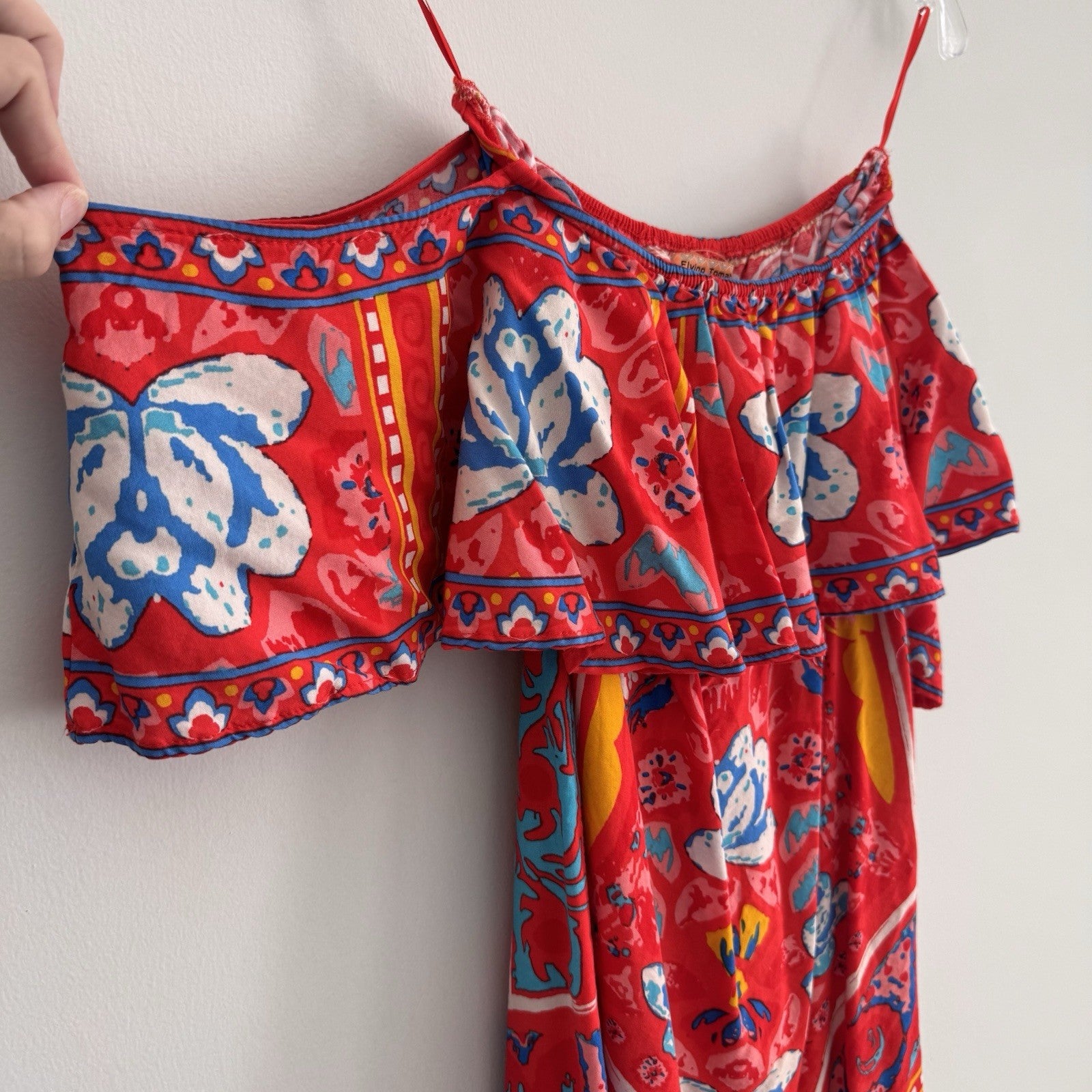 Flying Tomato Red Boho Floral Dress Women's XS Off the Shoulder Ruffle Rayon