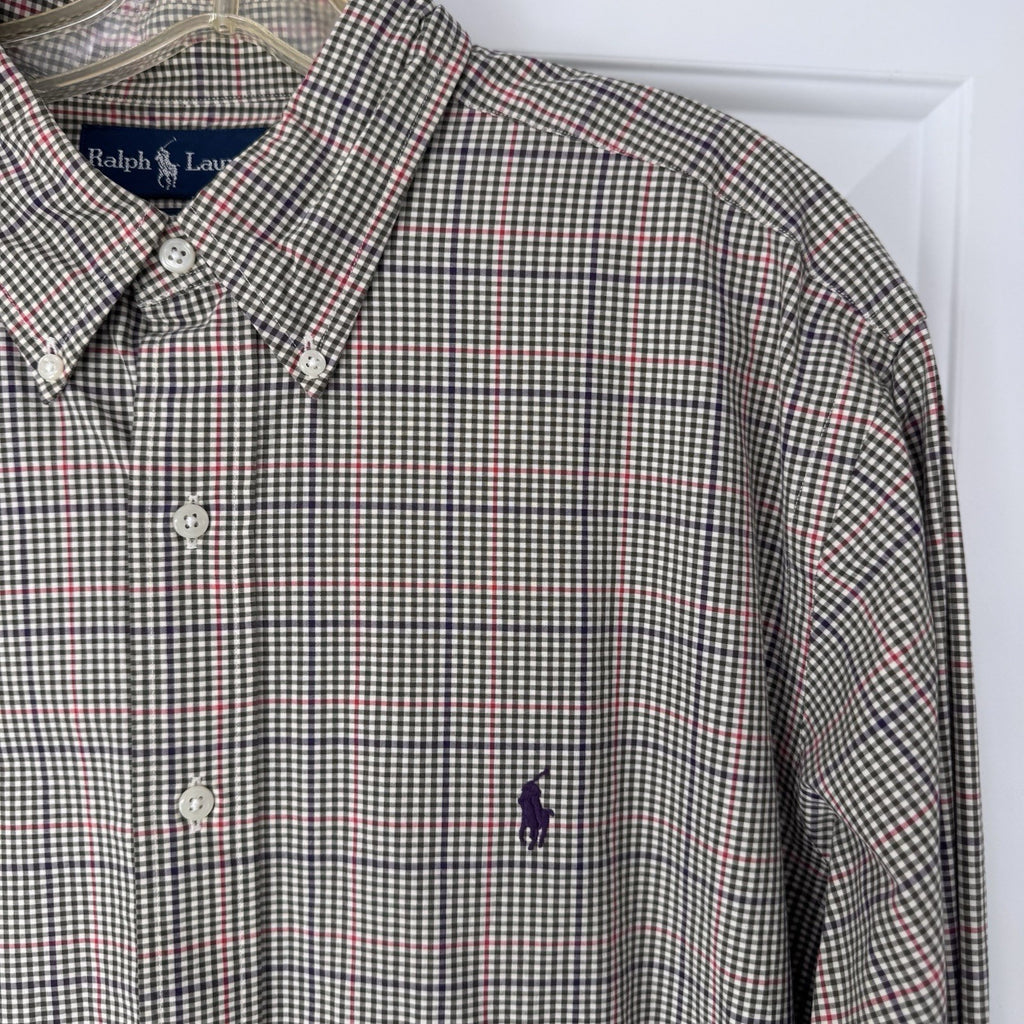 Ralph Lauren Men’s Blue Plaid Button Down Shirt Size XL 17.5 Custom Fit Cotton
