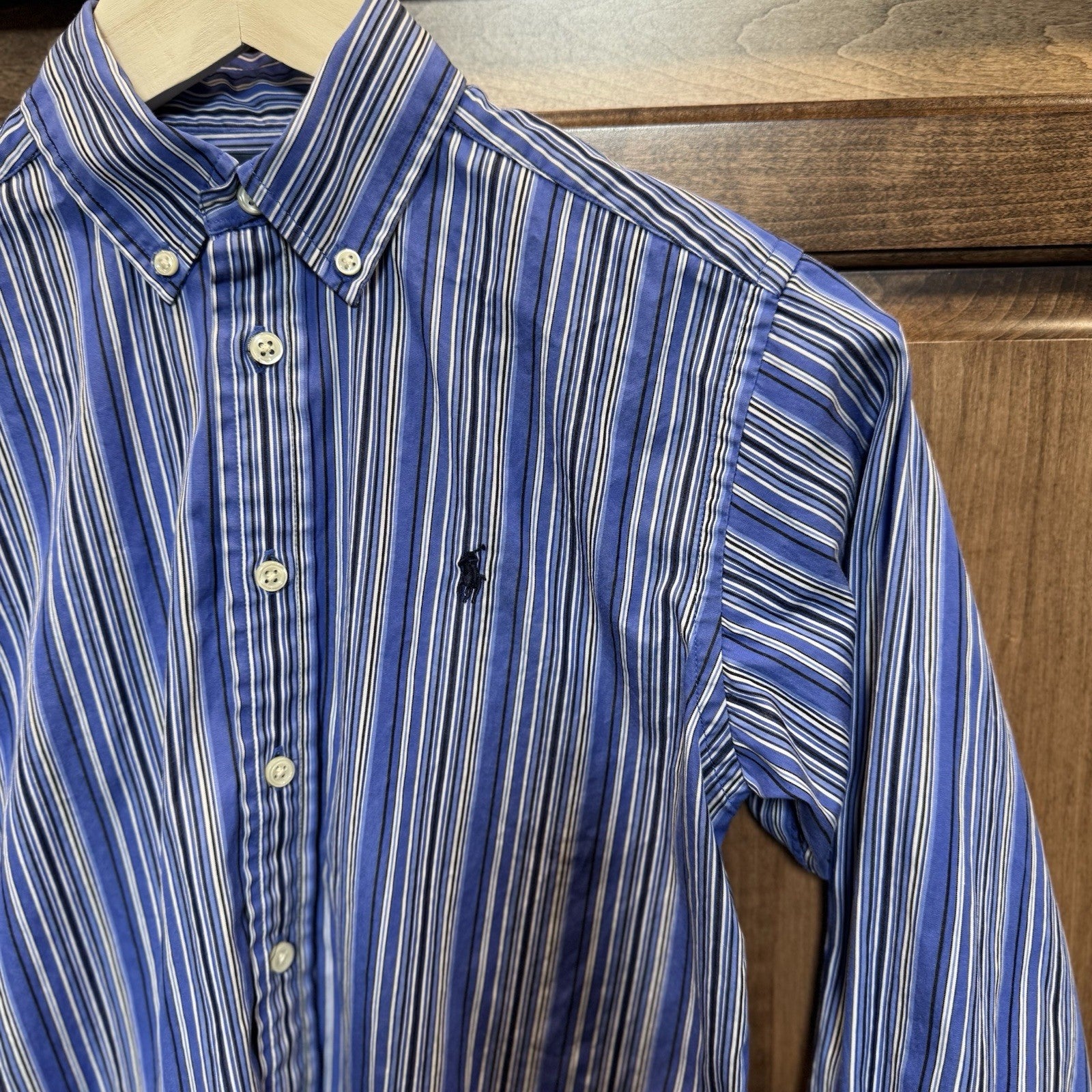Ralph Lauren Boys Blue Striped Long Sleeve Preppy Button Down Shirt Medium 10/12