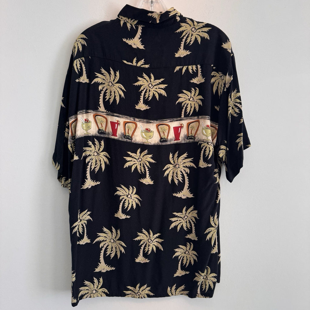 Pierre Cardin Hawaiian Shirt Mens Medium Black Rayon Palm Tree Tropical Drinks