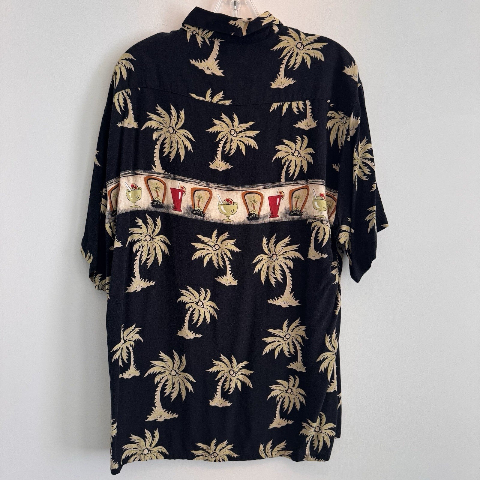Pierre Cardin Hawaiian Shirt Mens Medium Black Rayon Palm Tree Tropical Drinks