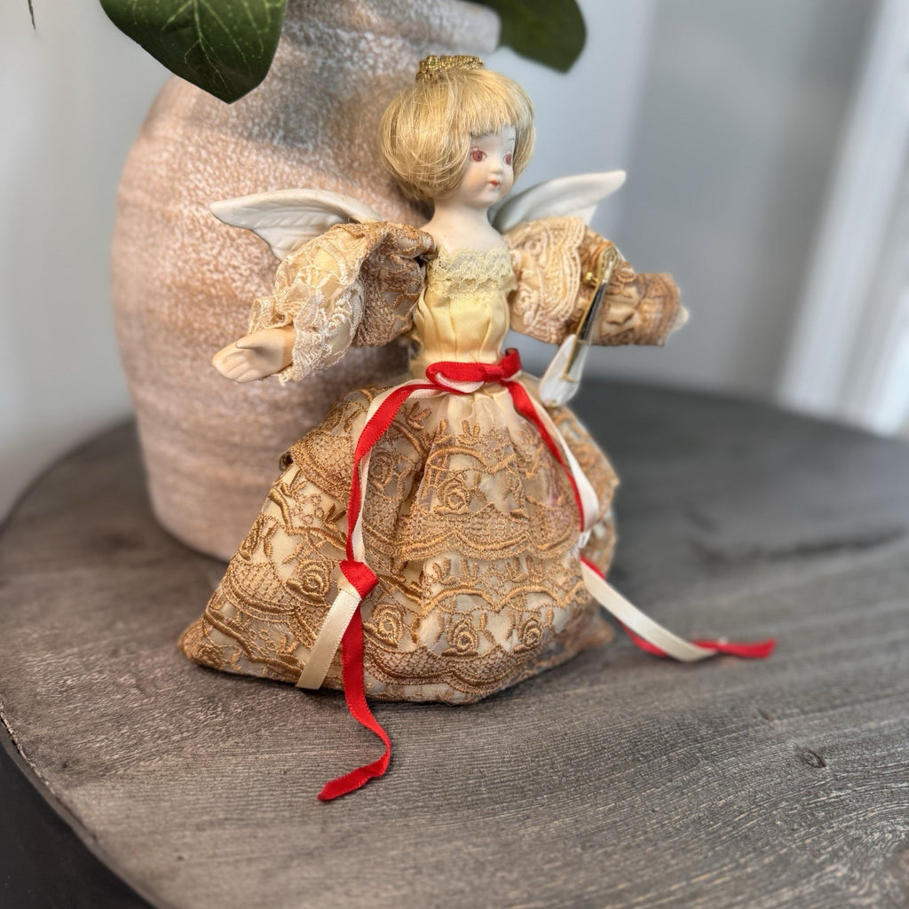 Vintage Bisque Porcelain Angel Doll 8" Gold Lace Dress Musical Lute Tree Topper